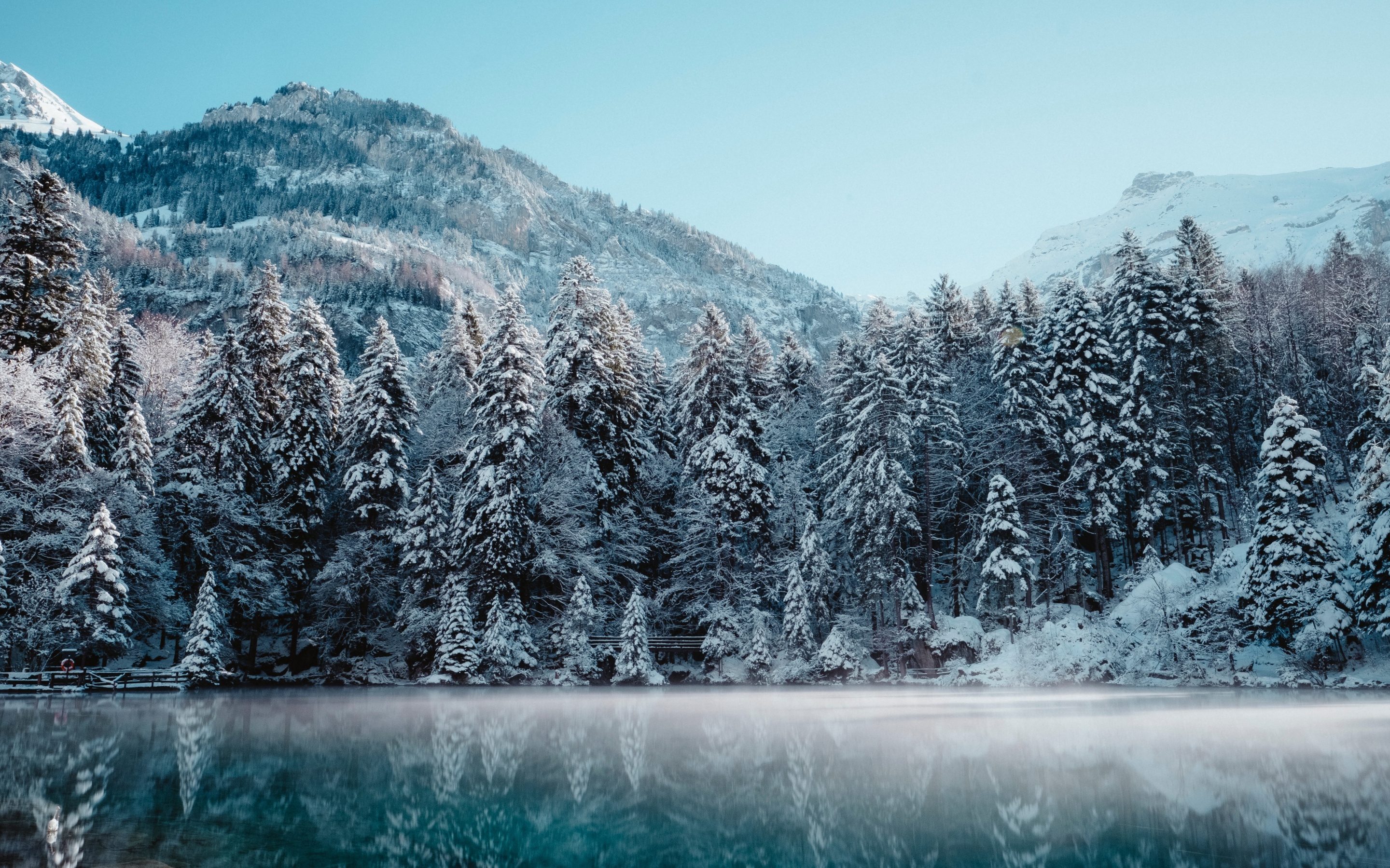 Snow mountains Wallpaper 4K, Glacier, Frozen, Mist, Lake
