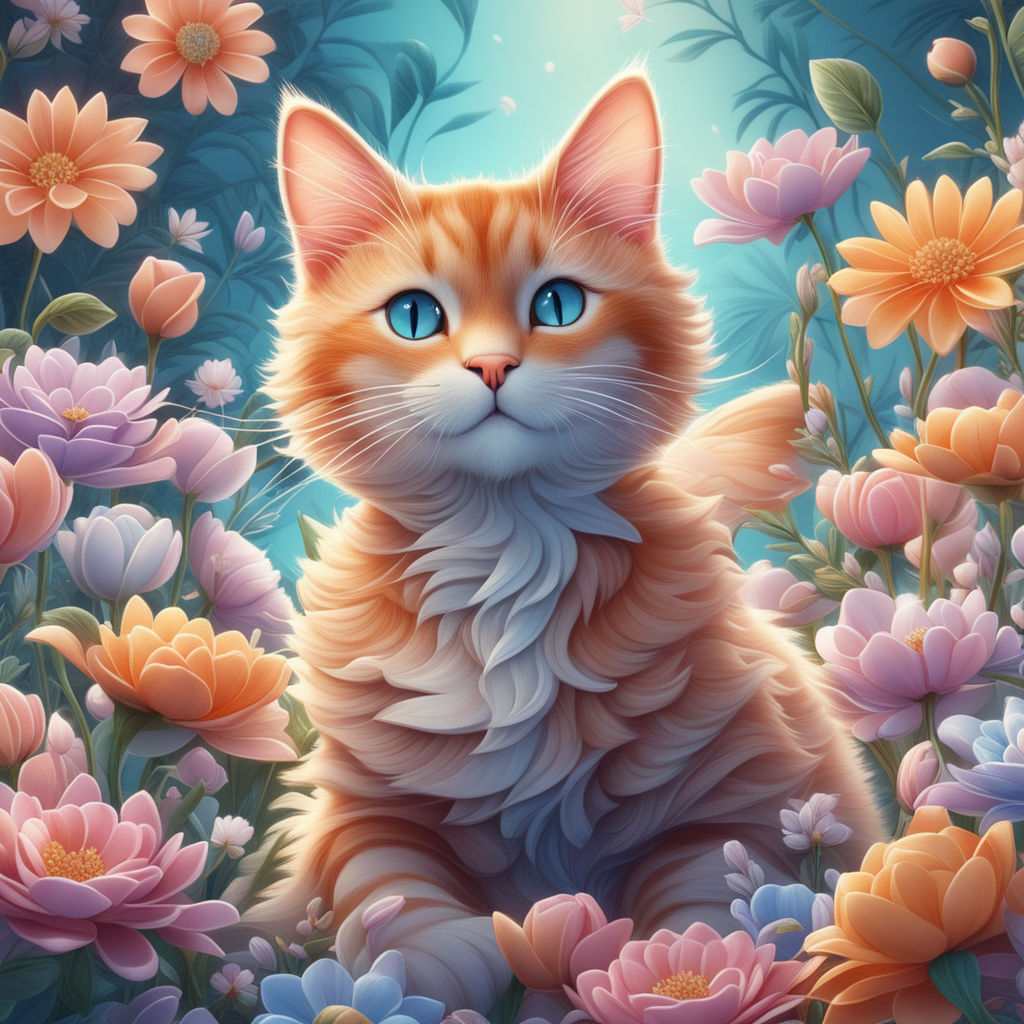 kawaii cartoon cat sat in wildflowers