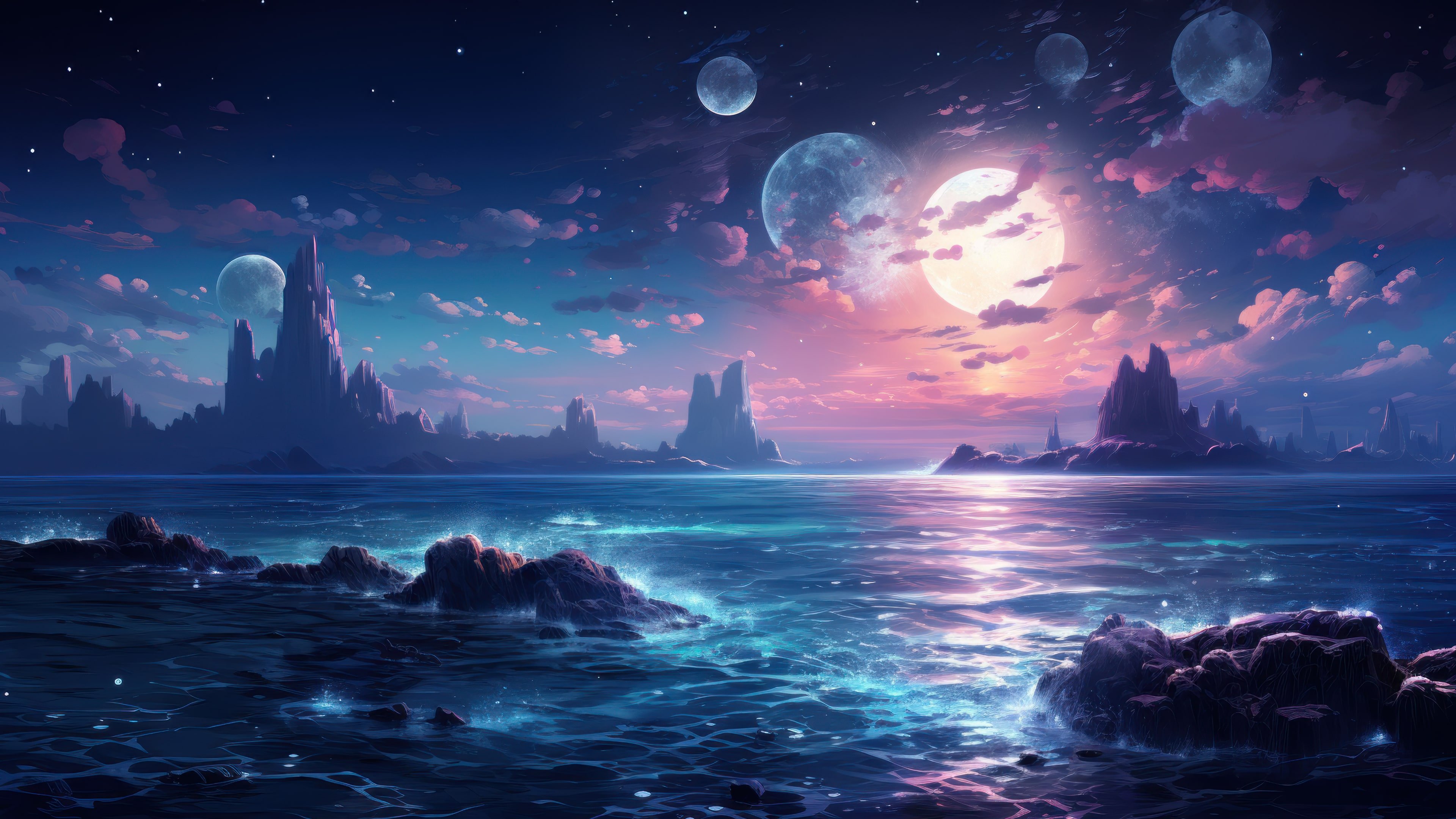Futuristic Moonlit Ocean Waves 4K