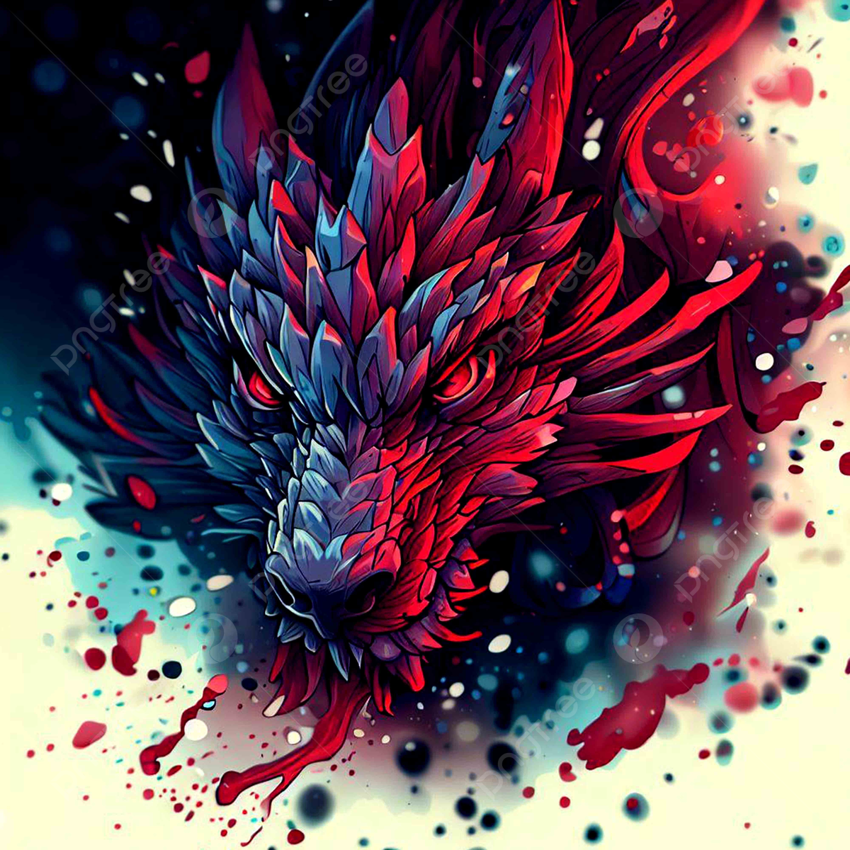 Angry Dragon With Blue And Red Scales
