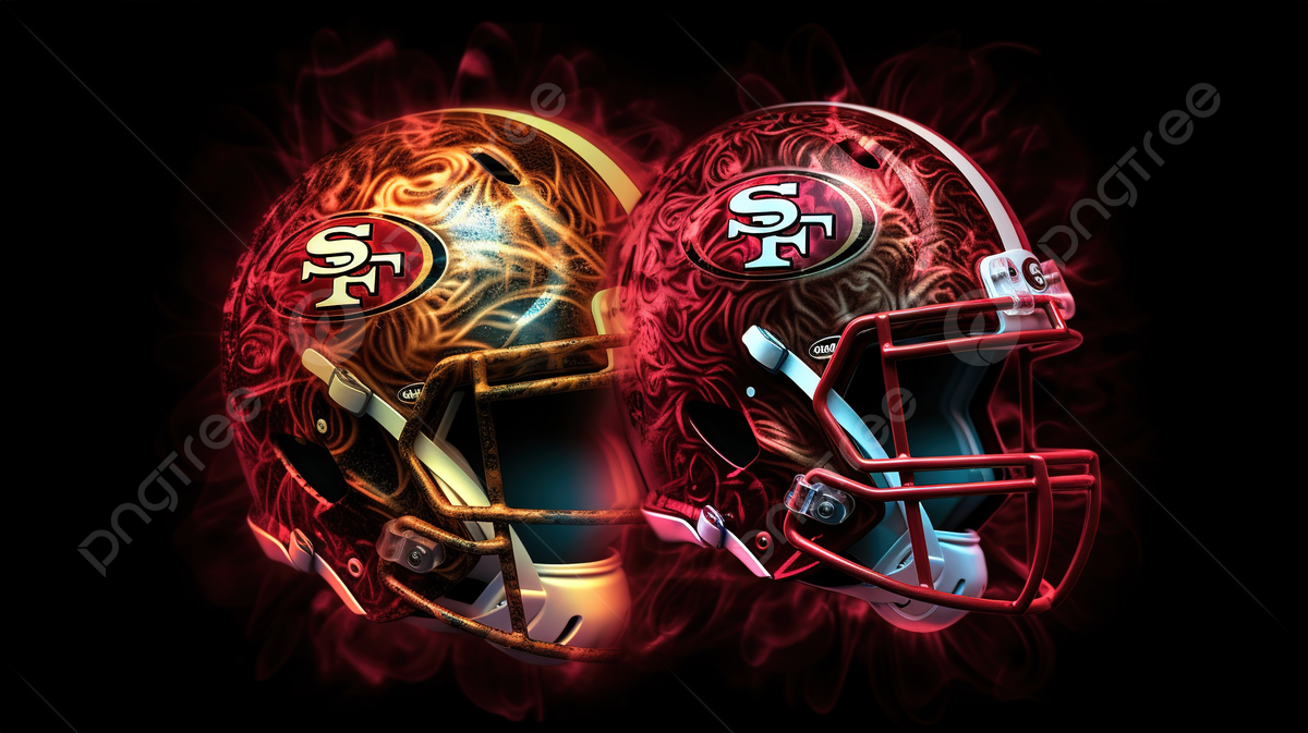 Pair Of San Francisco 49ers Helmets On