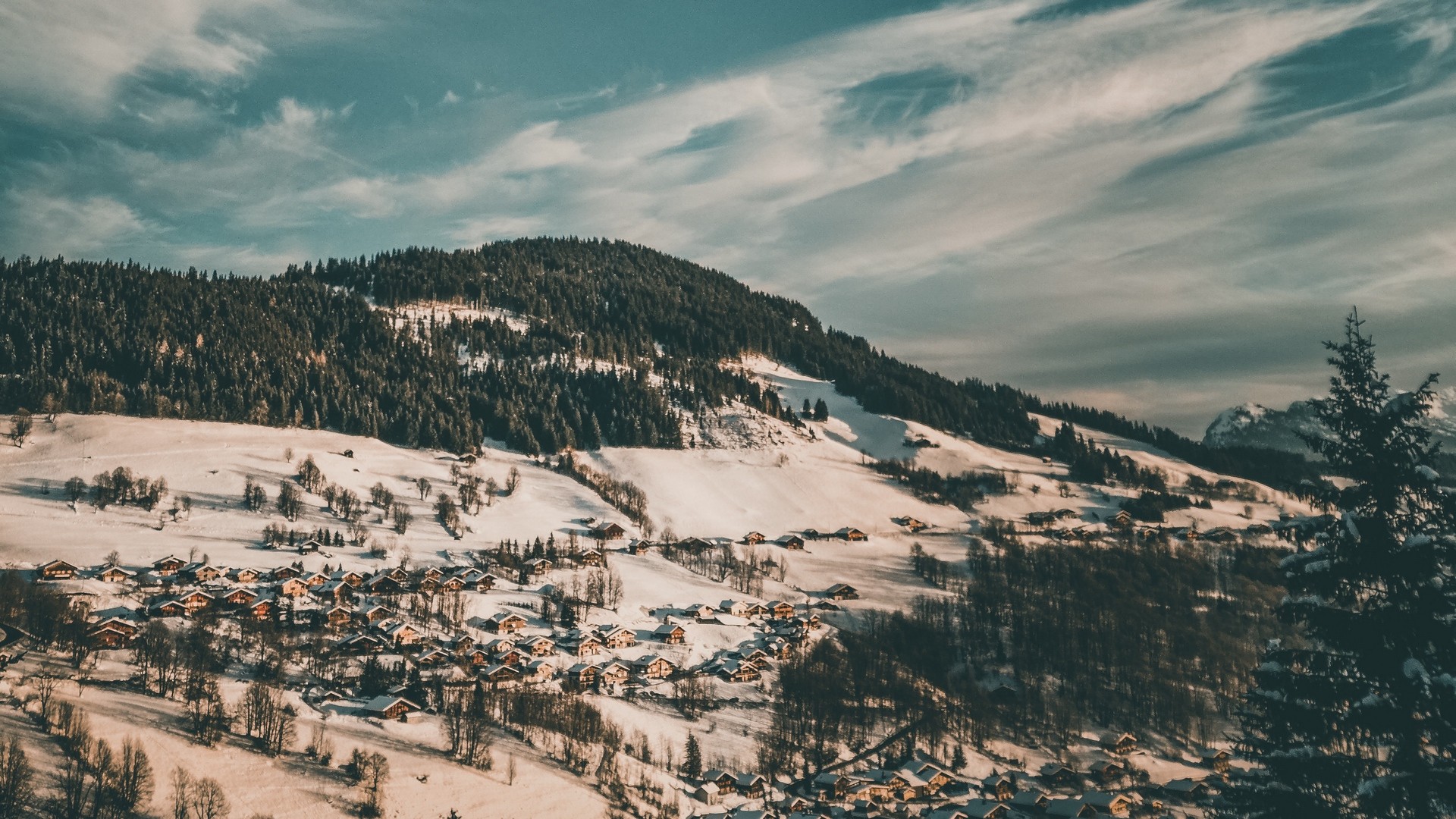 Winter, forests, village, snow, top