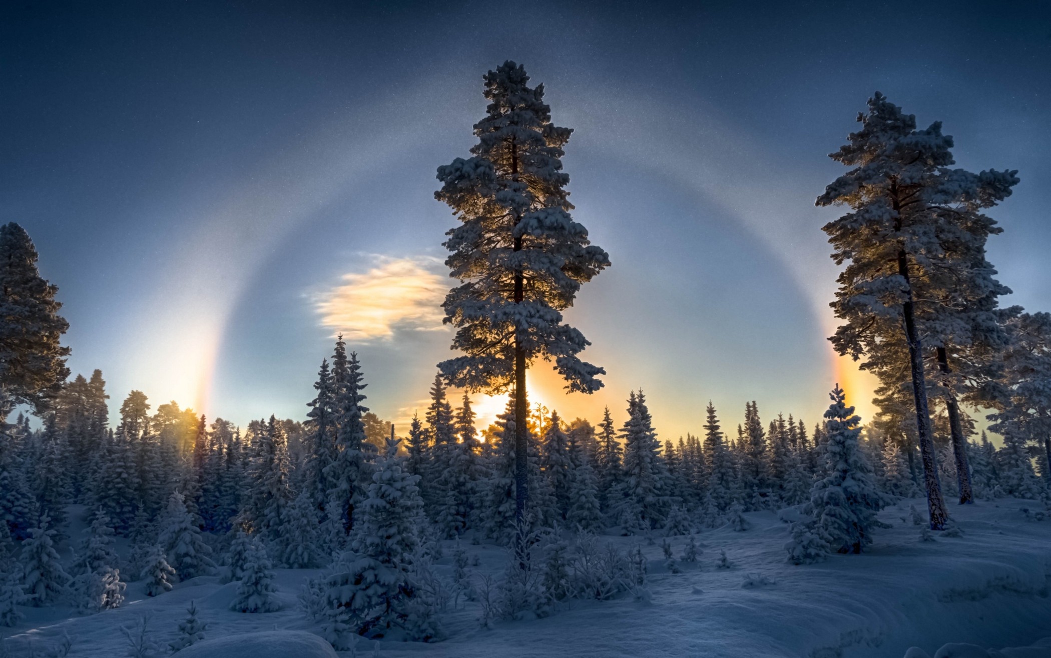 blue, winter, sunset, Halo, snow