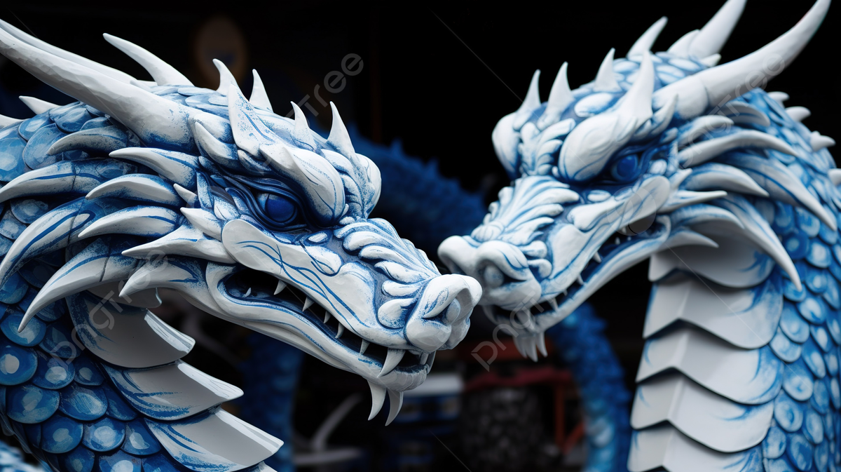 Two Blueandwhite Dragon Statues On Top