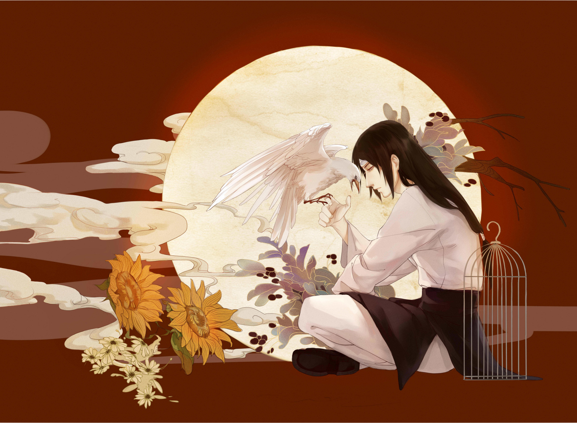 Download wallpaper flowers, bird