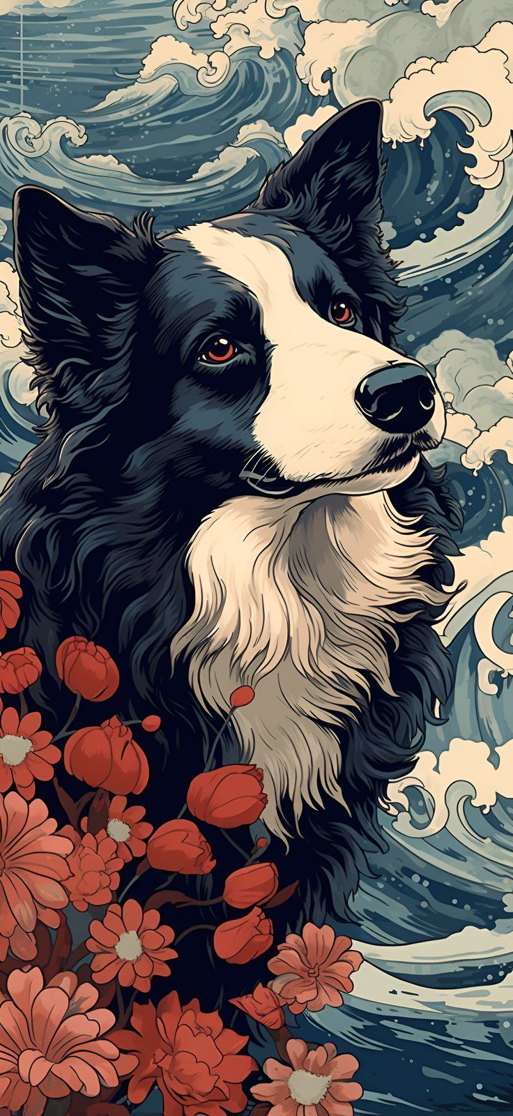 Border Collie In Ukiyo E Style With Red