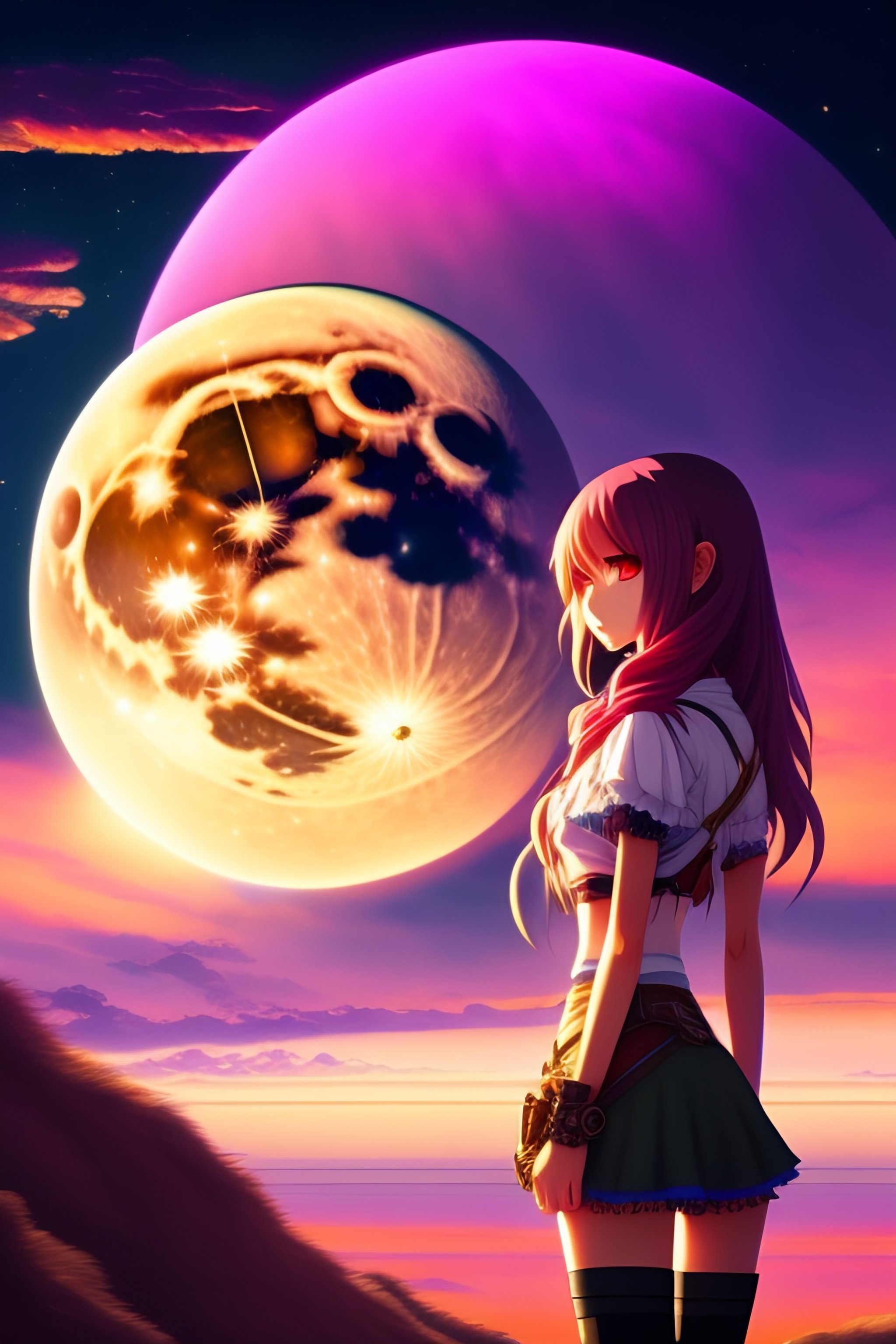 Full moon, pink moon, anime, anime girl