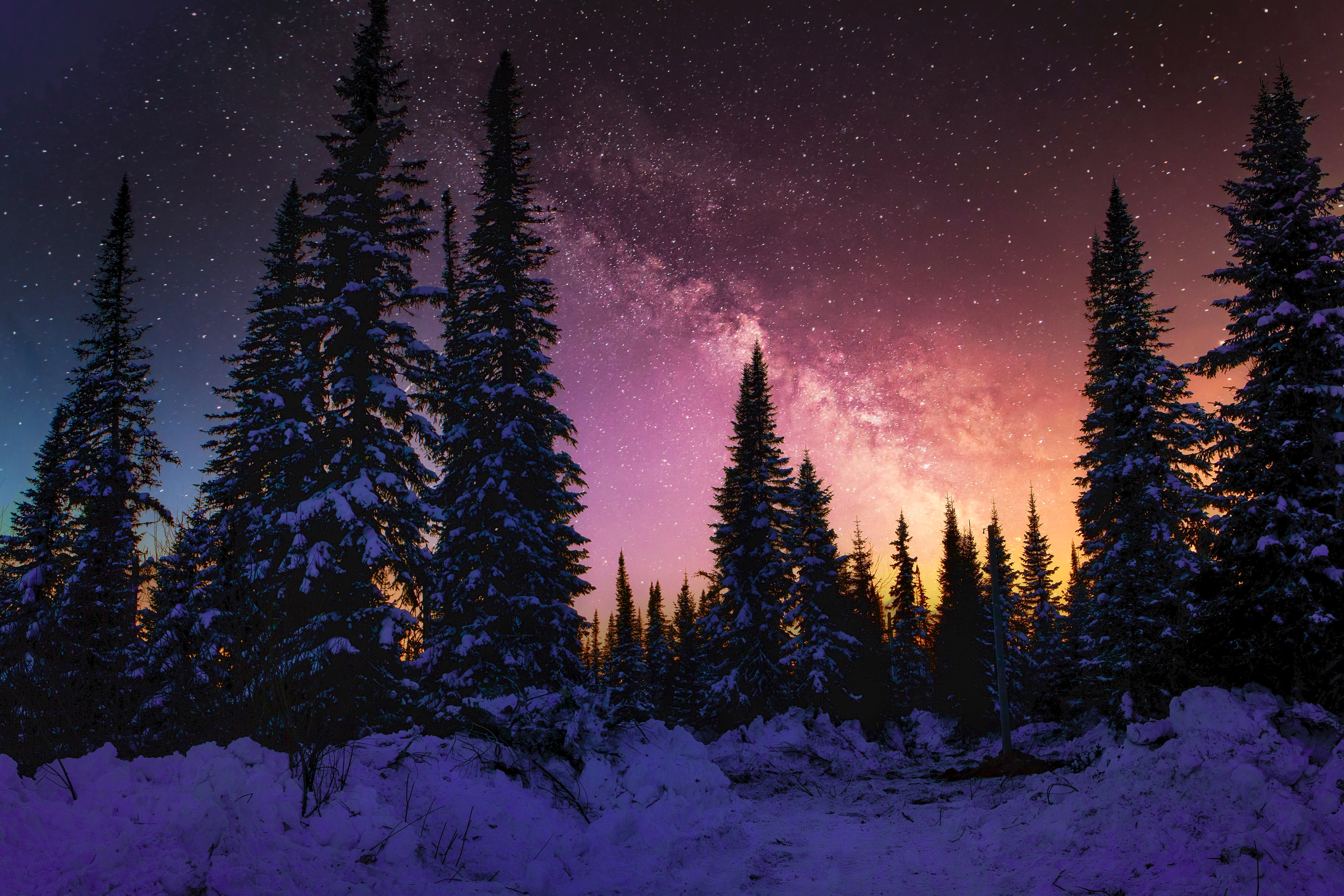 Winter Wallpaper 4K, Milky Way, Snow