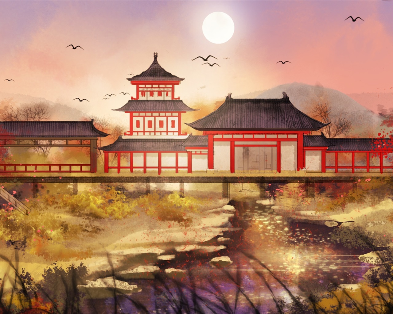 Wallpaper Chinese retro style park, art