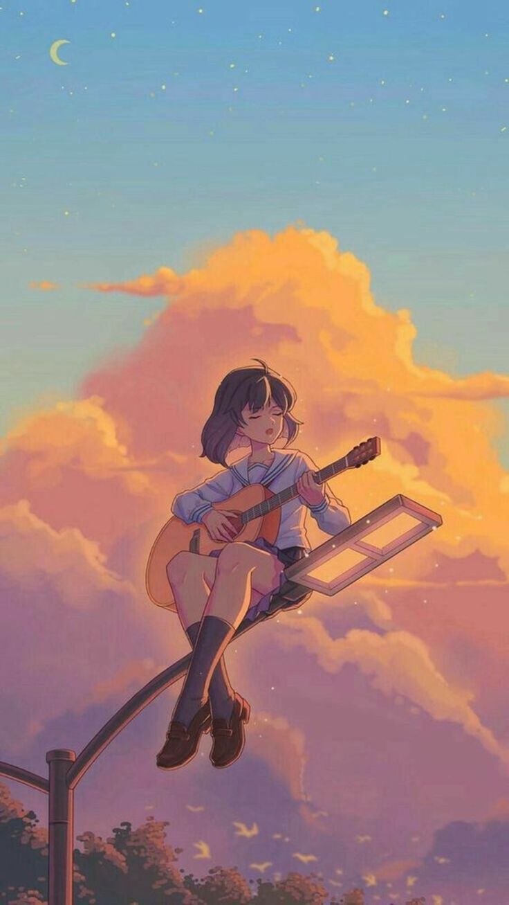 Anime girl sunset guitar, Lofi