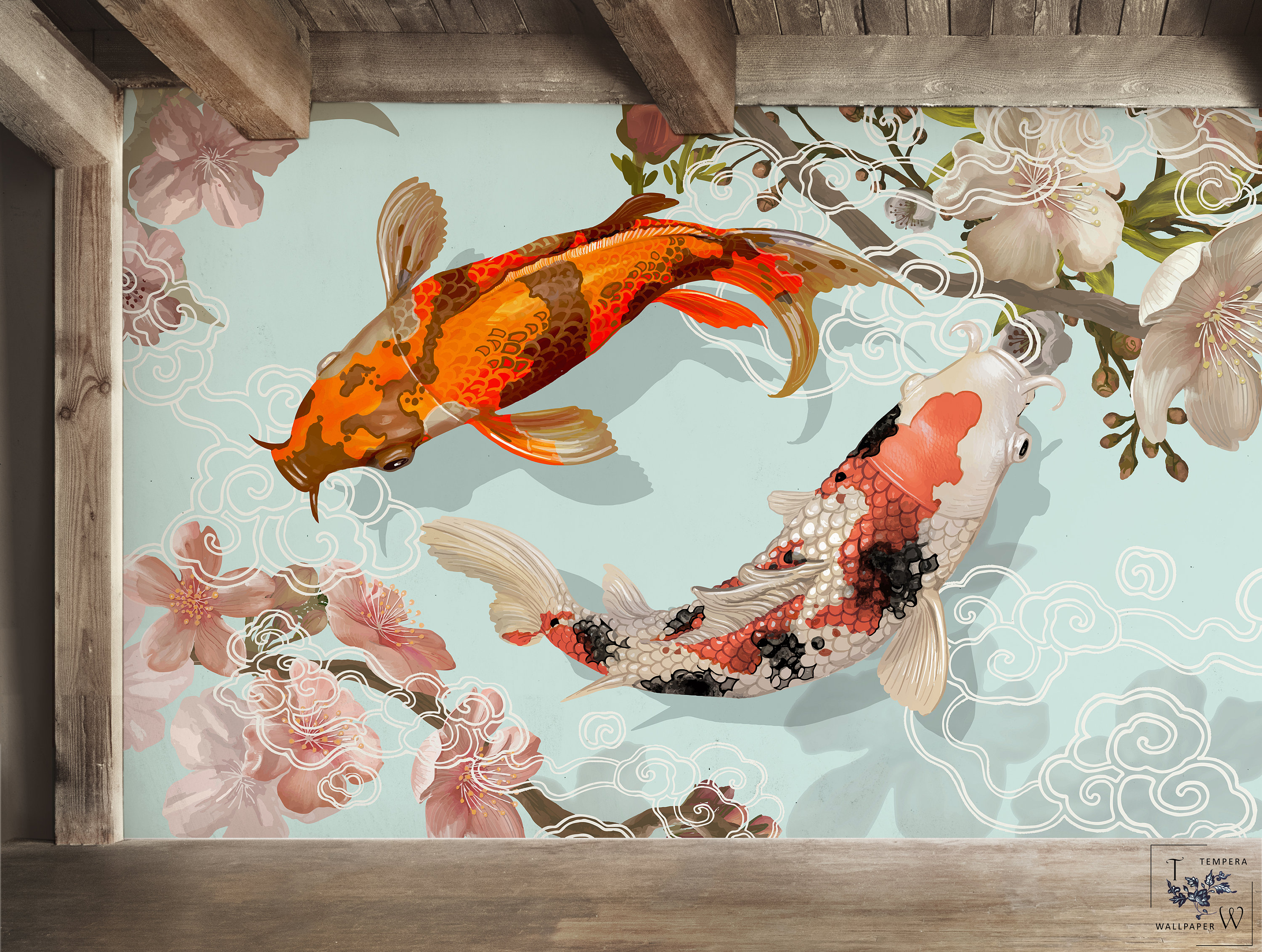 Abstract Koi Fish Wall Mural, Japanese Koi Fish Wallpaper