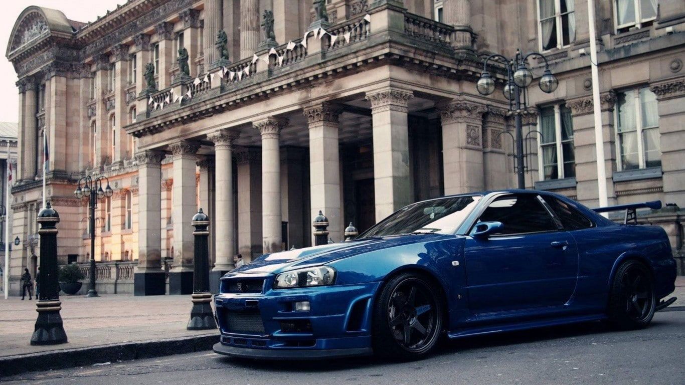 Car wallpaper, Nissan GTR R34, blue