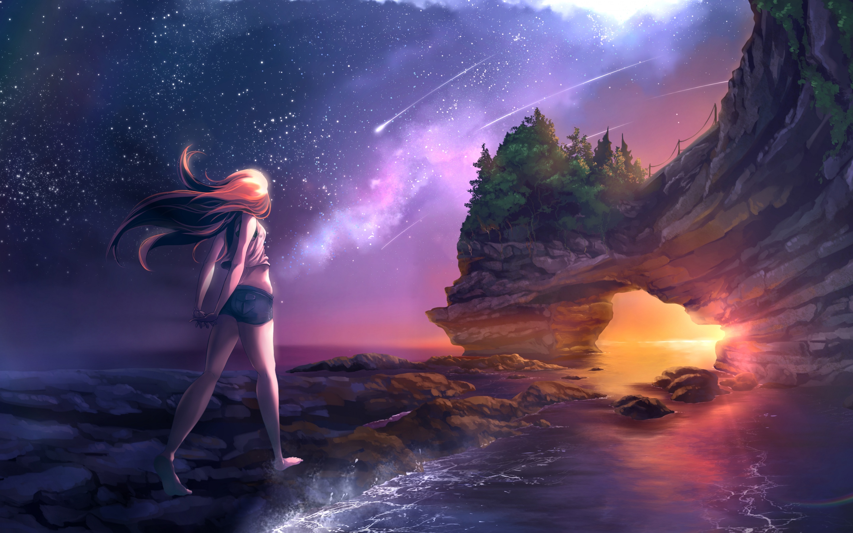 Anime girl Wallpaper 4K, Beach, Arch, Sunset, Digital Art