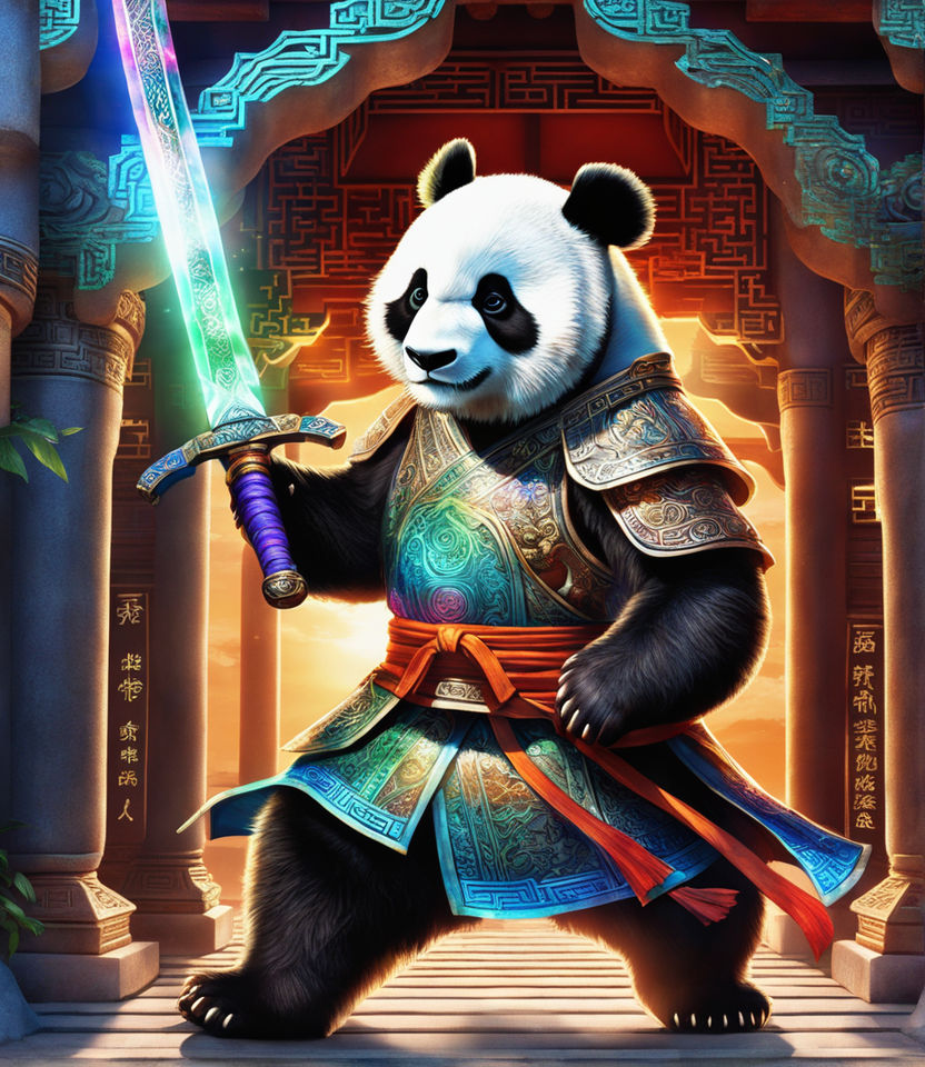 a close up cute magical panda ninja