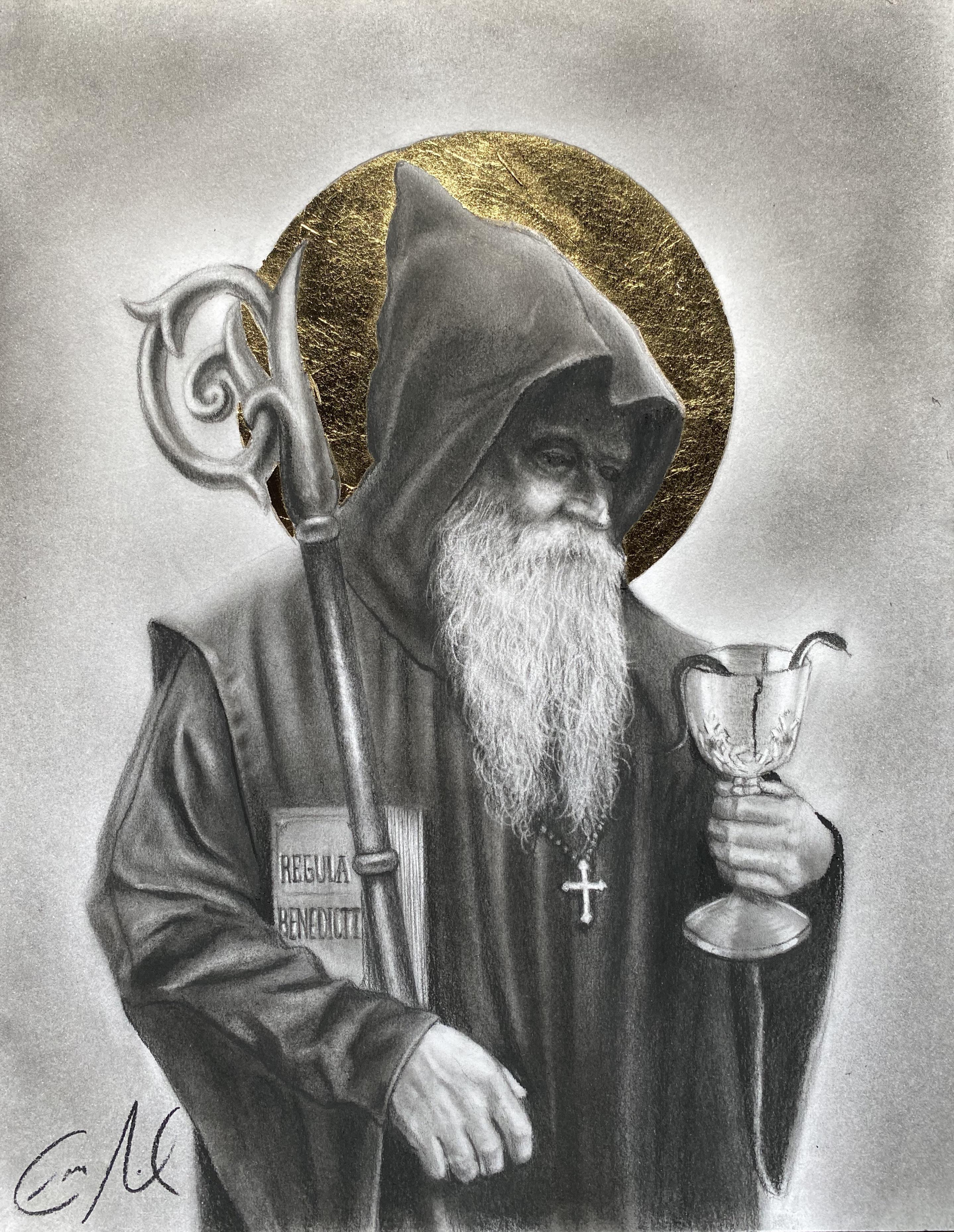 Saint Benedict of Nursia. Charcoal