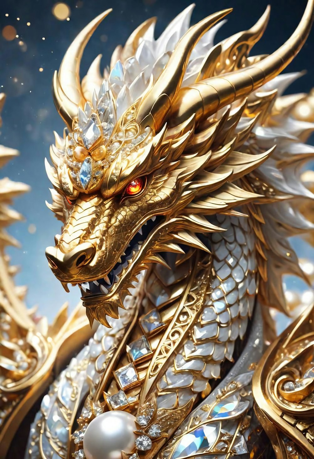 A golden dragon statue with a pearl