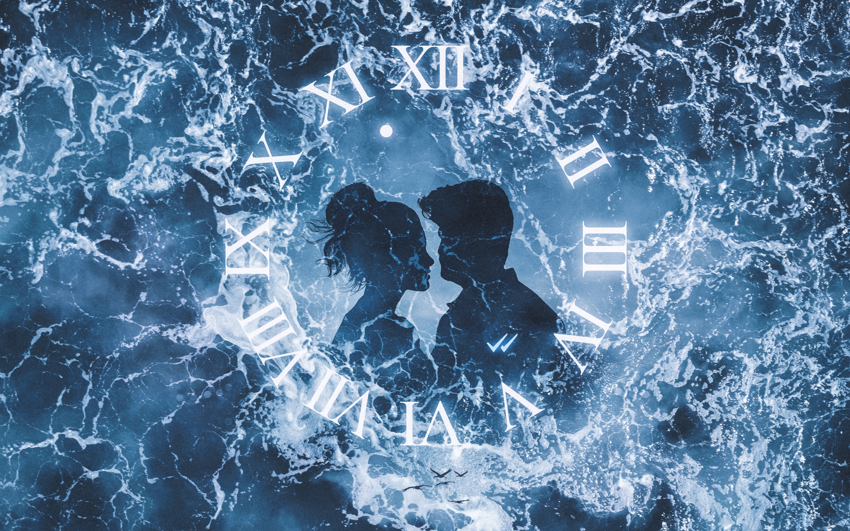 Couple Wallpaper 4K, Clock, Ocean, Surreal