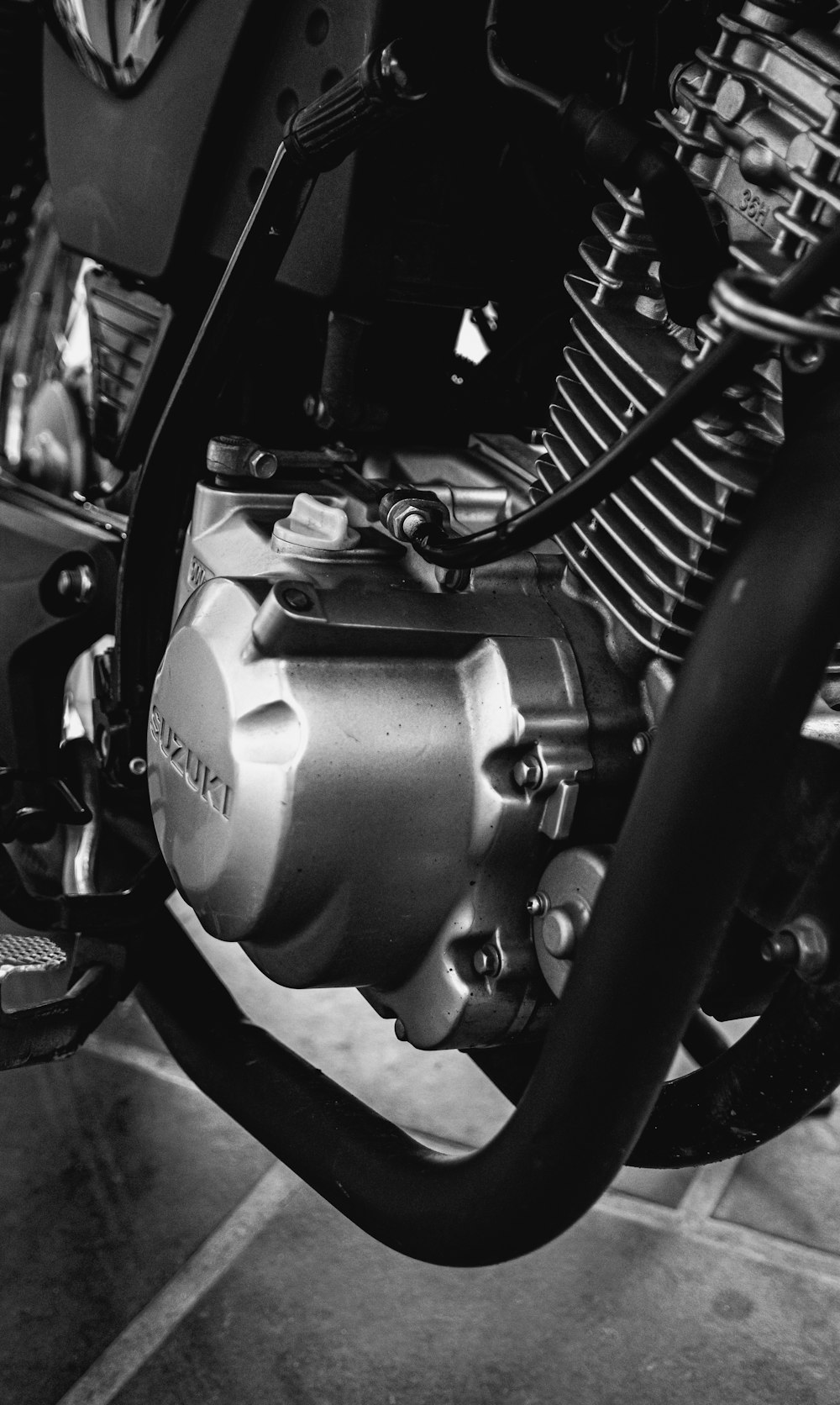 Grayscale photo of motorcycle engine