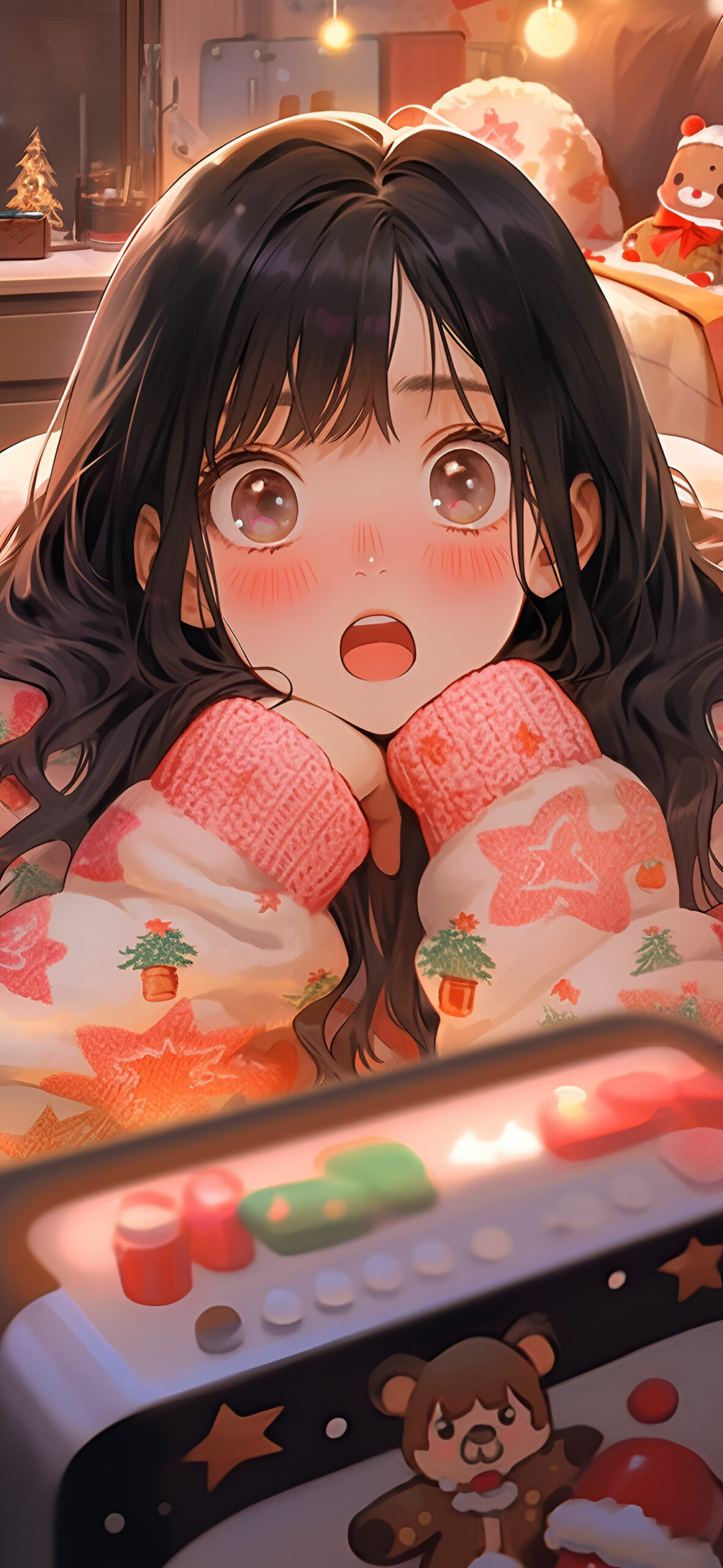 Surprised Anime Girl in Winter Sweater Wallpaper