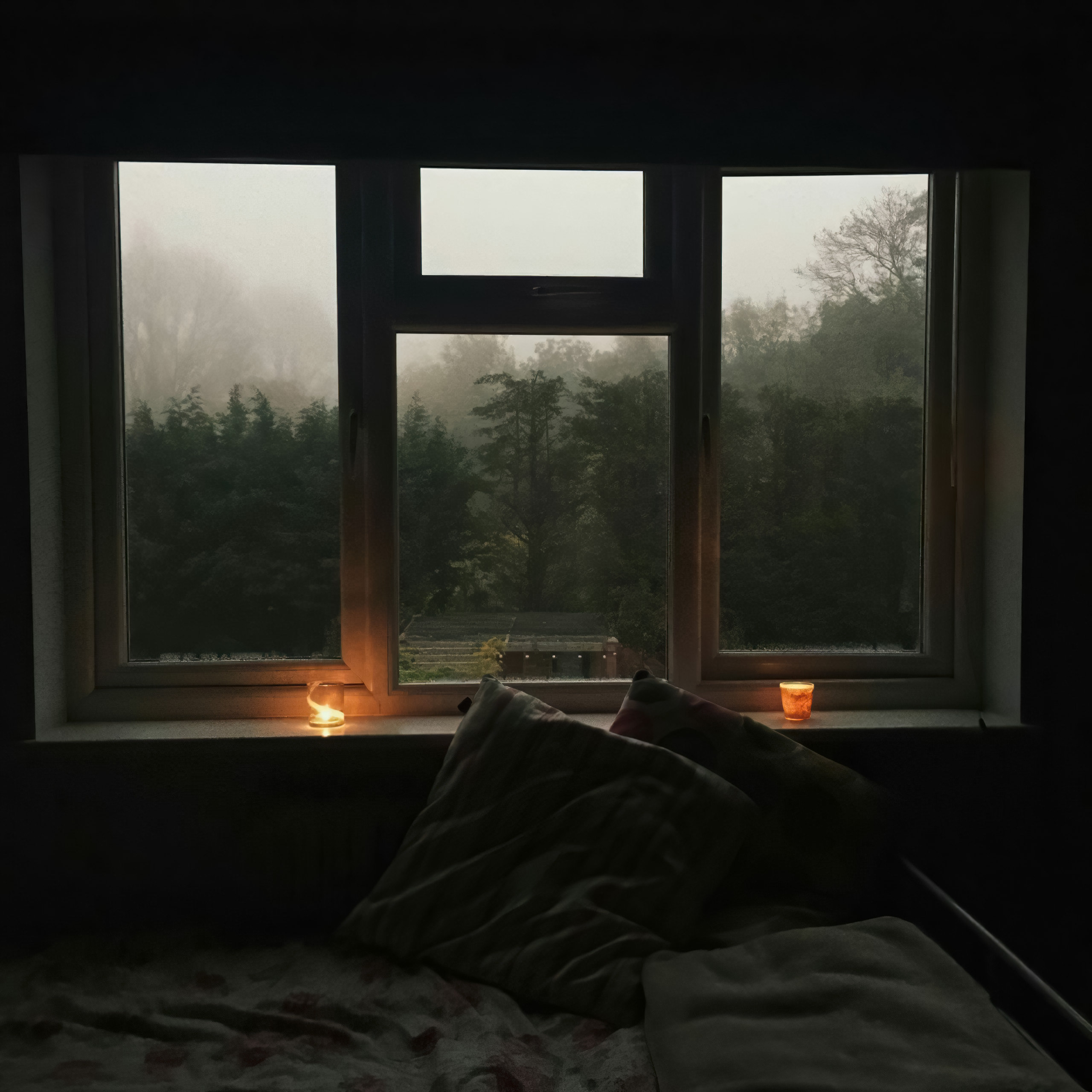 forest, window frames, trees, candles