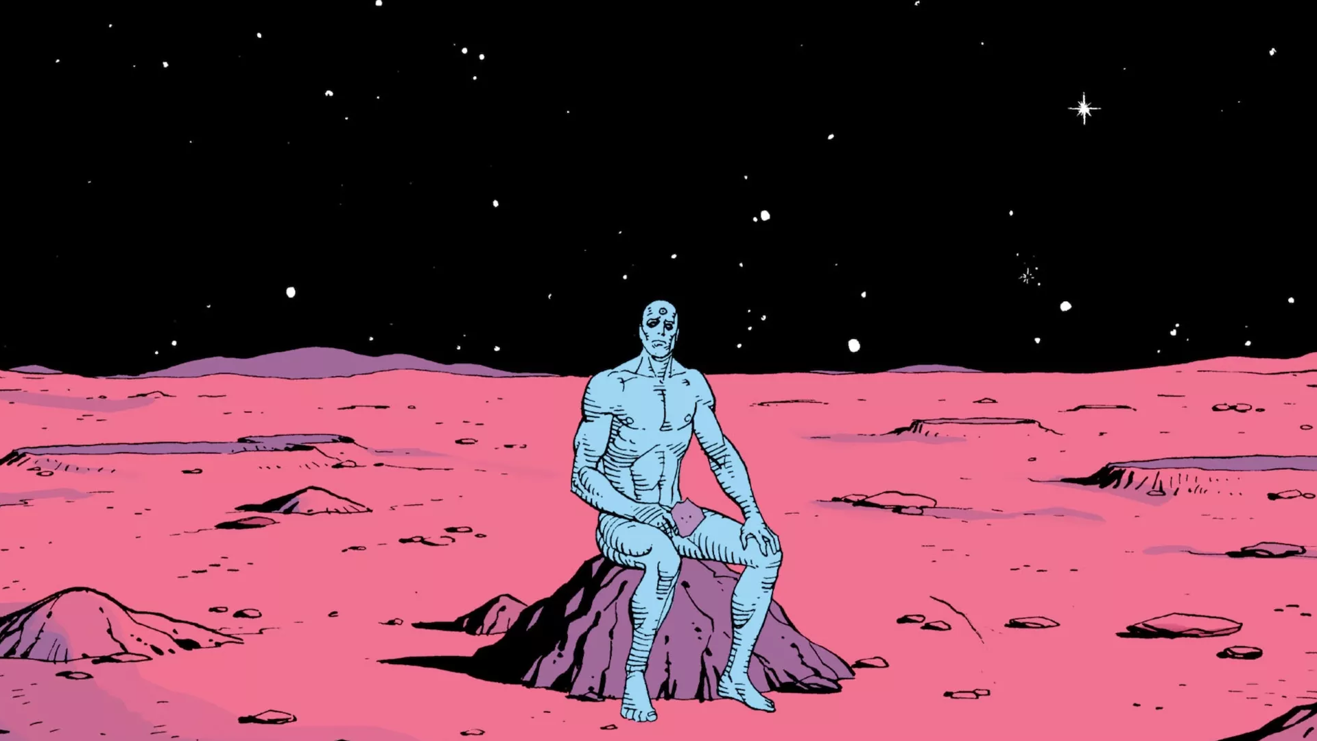 Dr. Manhattan sitting on Mars