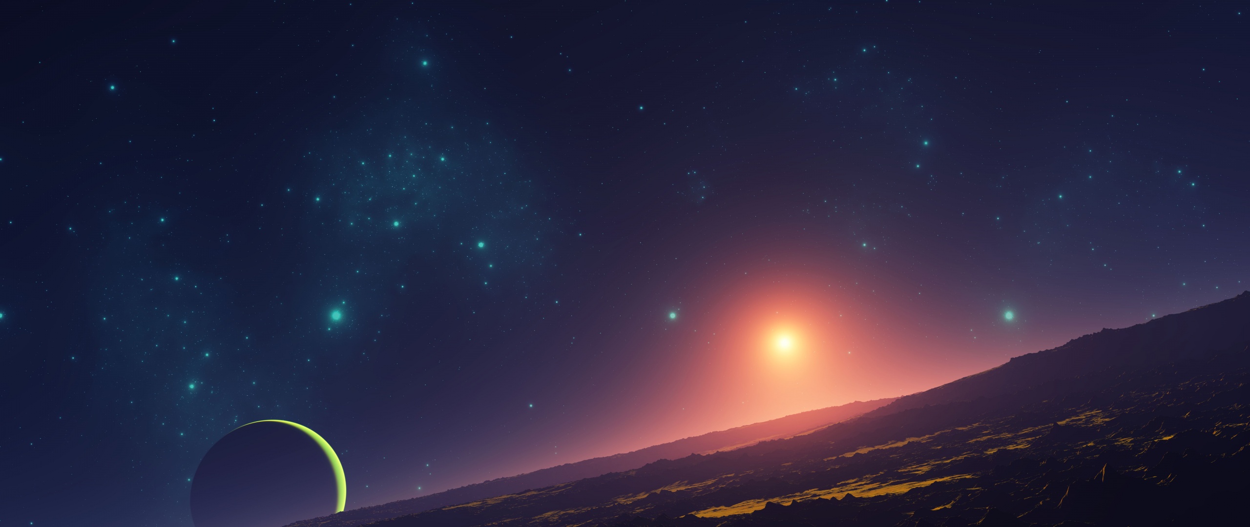 Sunset Wallpaper 4K, Planet, Stars, Aerial view
