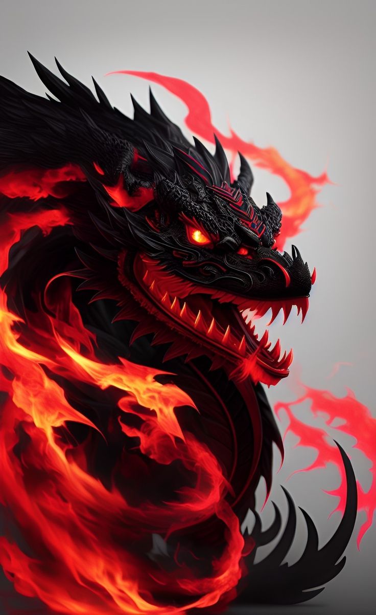 black red dragon in fire