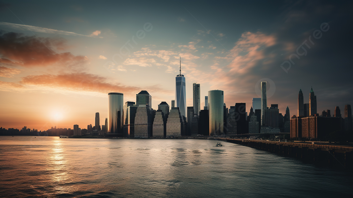 City Skyline Over A River Background