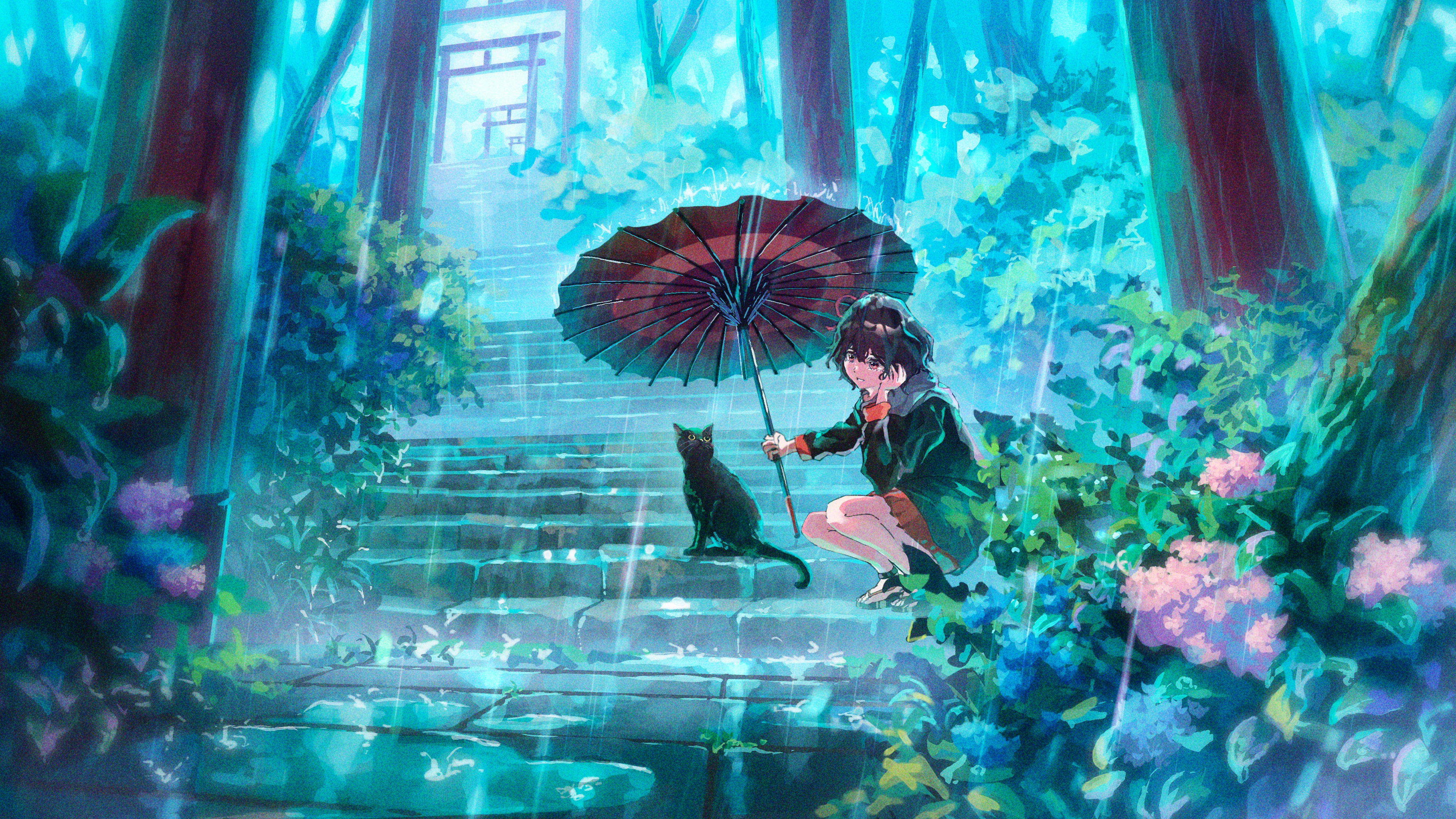 Download Rain Hydrangea Cat Anime Girl