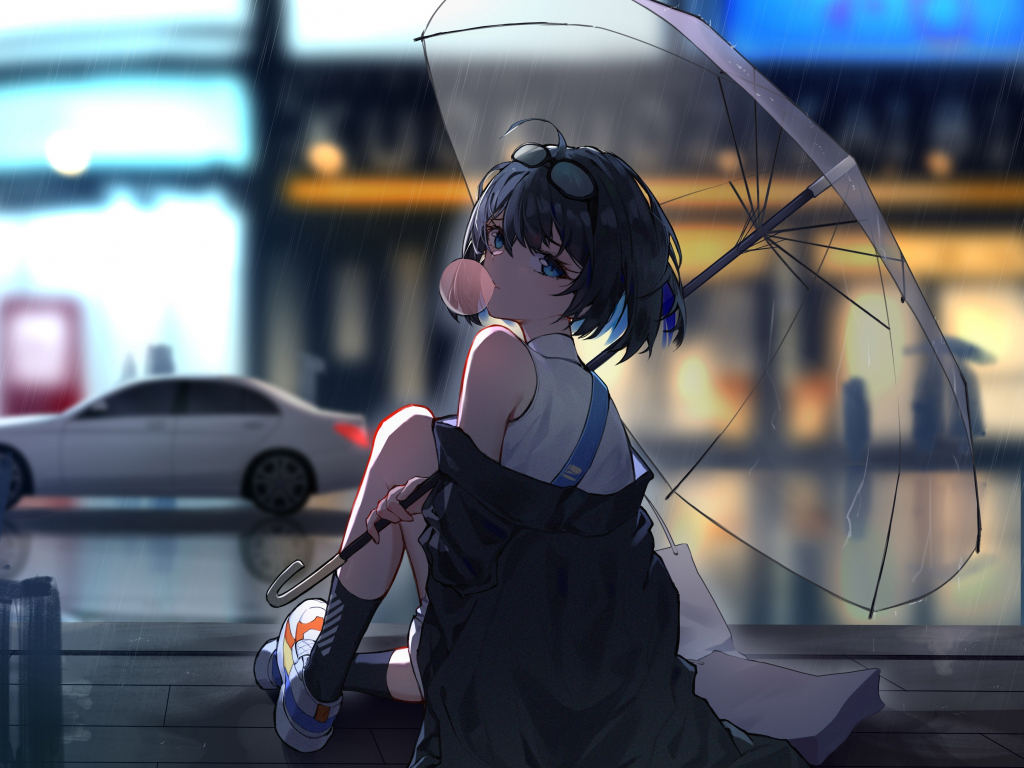 Wallpaper enjoying rain, anime girl