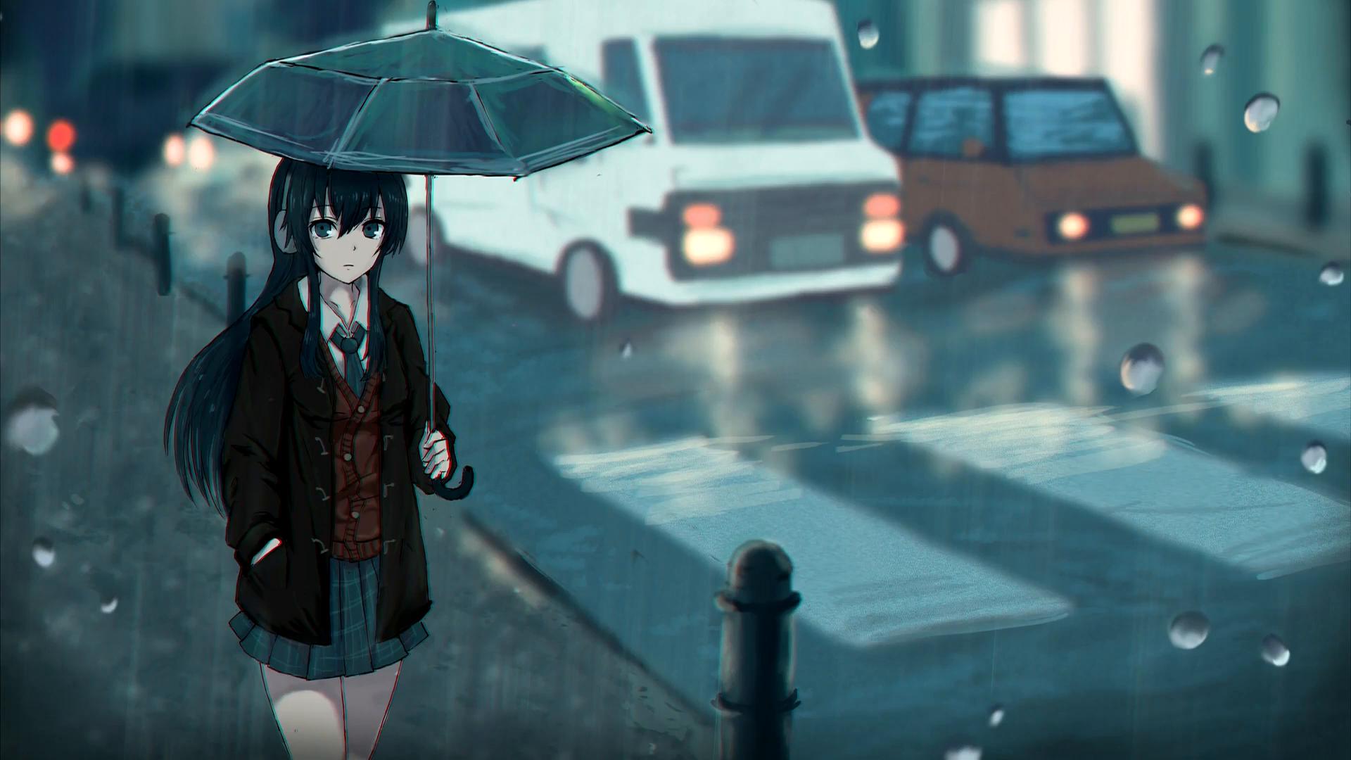 Girl In The Rainy Evening Live Wallpaper