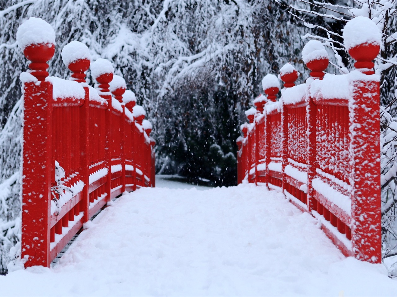Red Japanese Bridge Winter Winter Theme