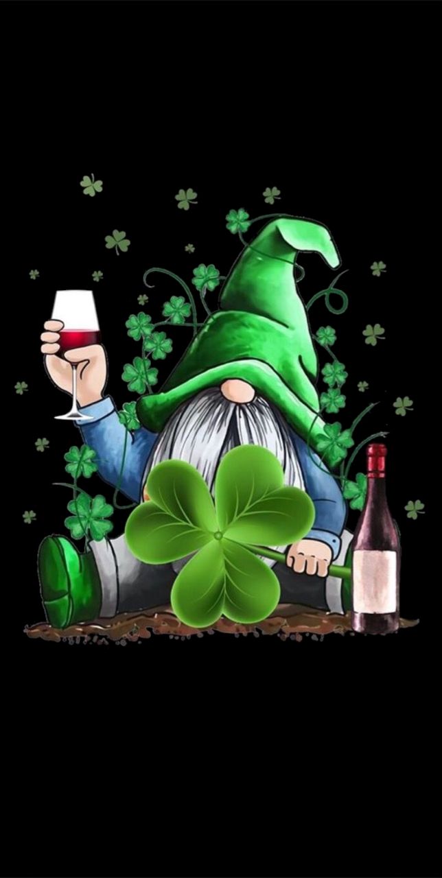 Gnome with Wine Glass and Shamrock Leaves