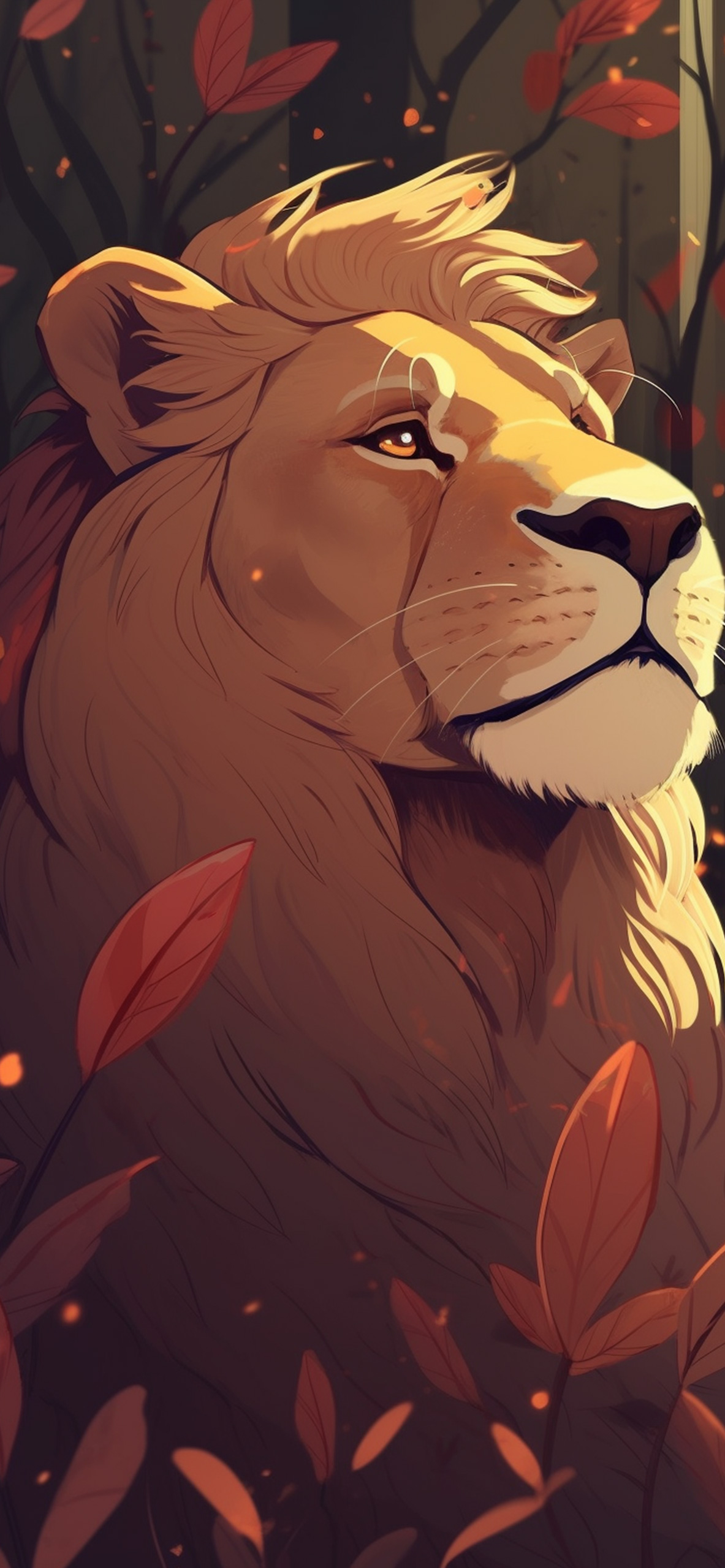 Lion & Leaves Art Wallpaper