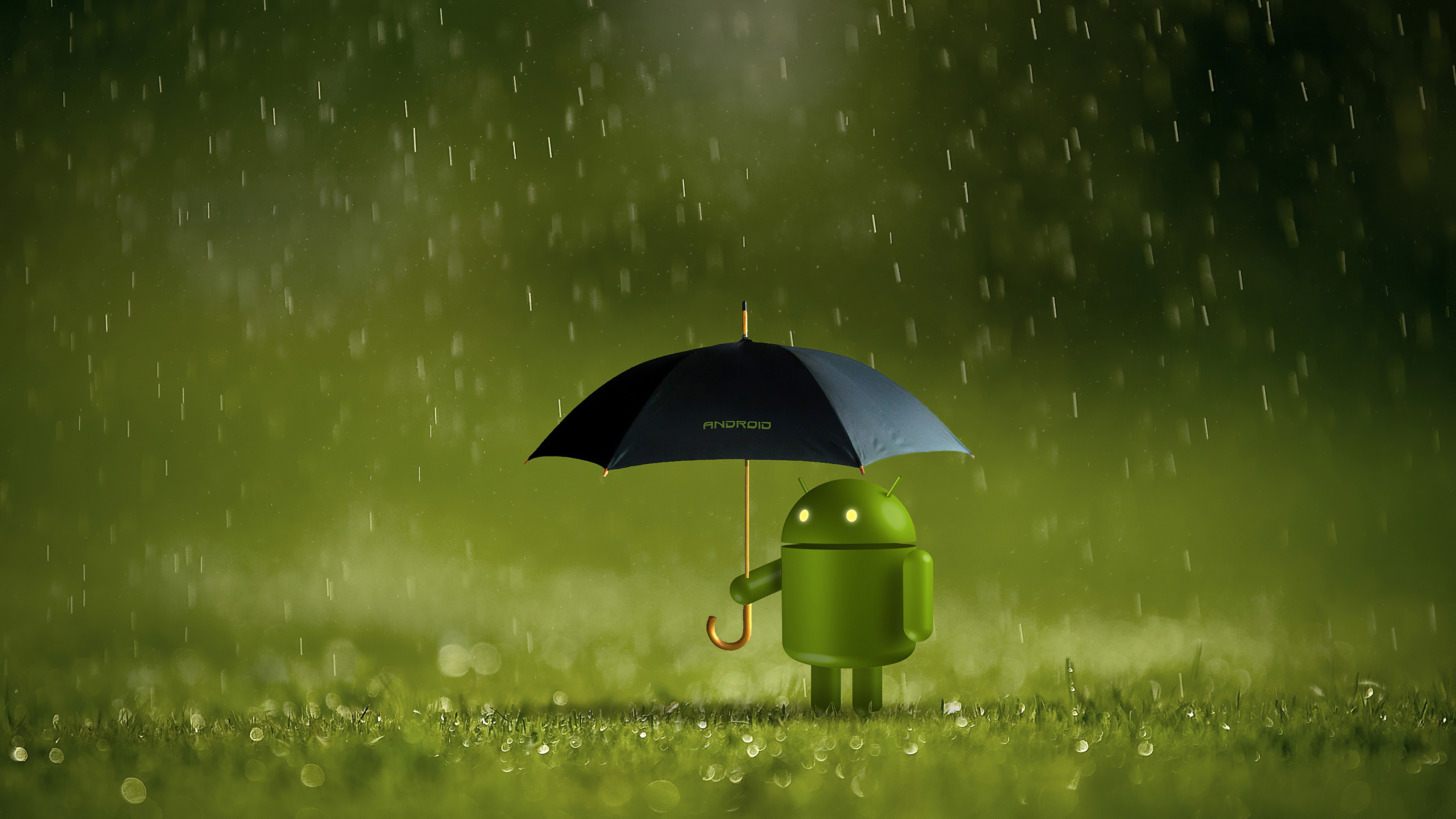 Wallpaper 4K, Android robot, Umbrella, Rain