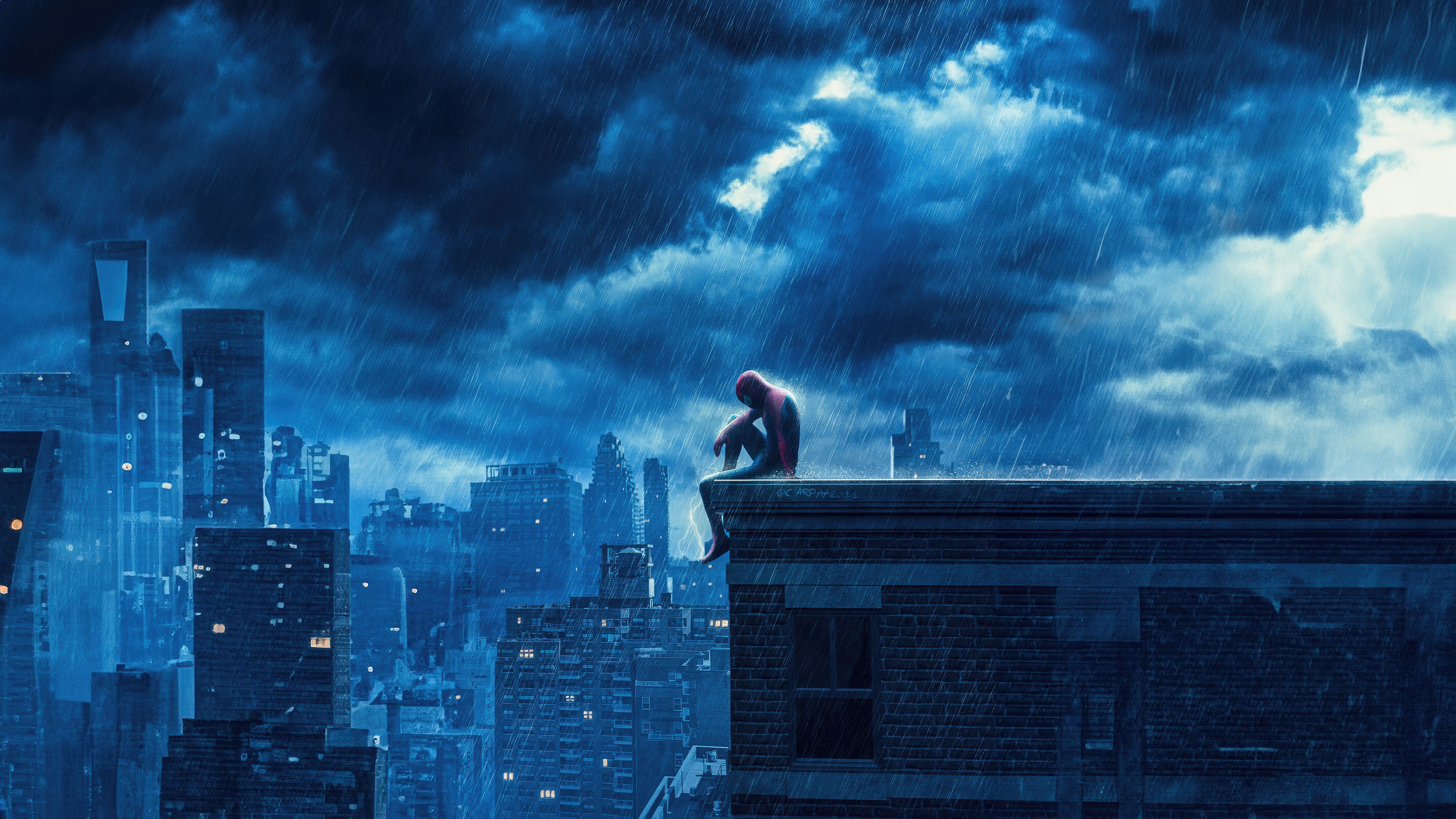 Spiderman Sitting On City Rooftop
