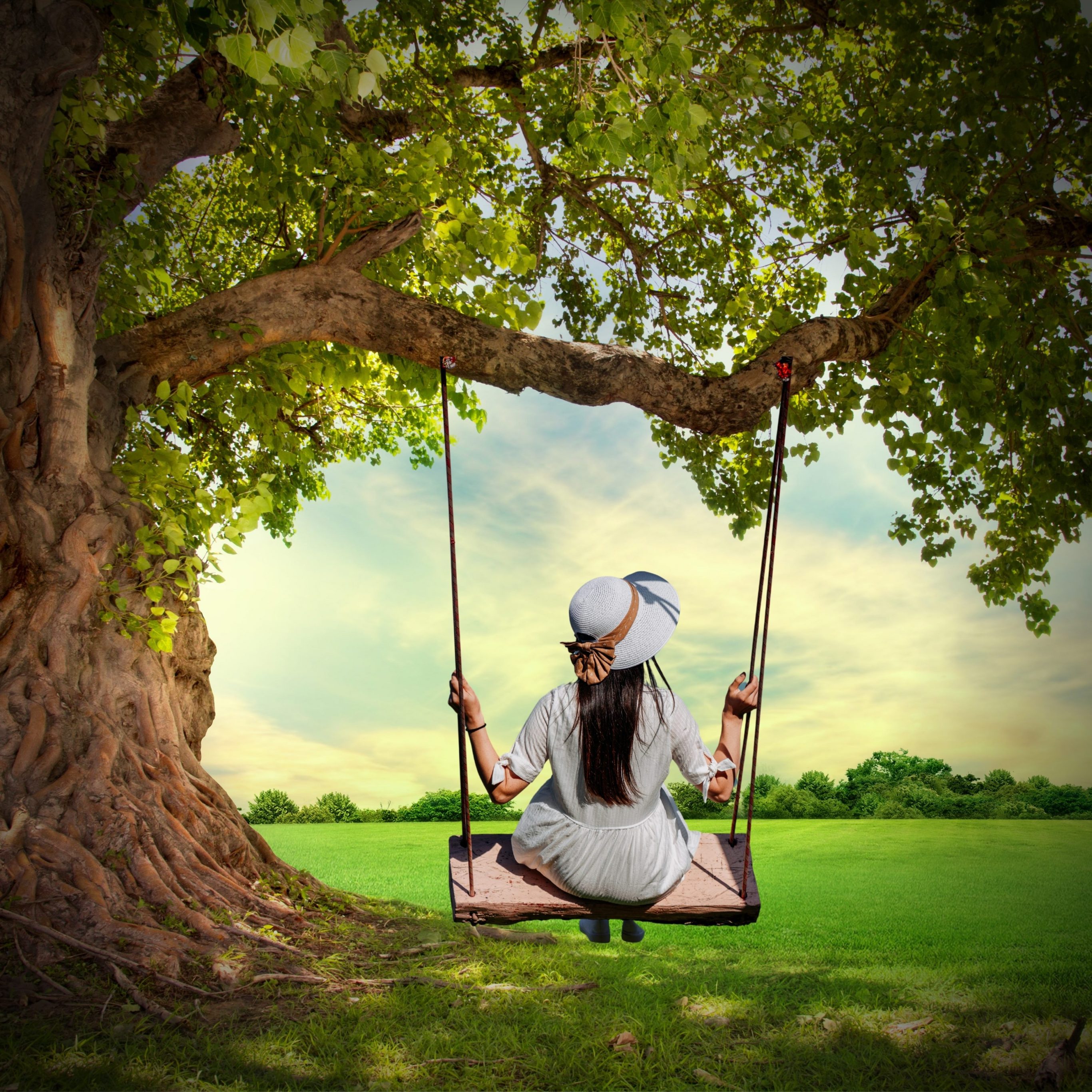 Girl Swing Tree Grass Nature iPad
