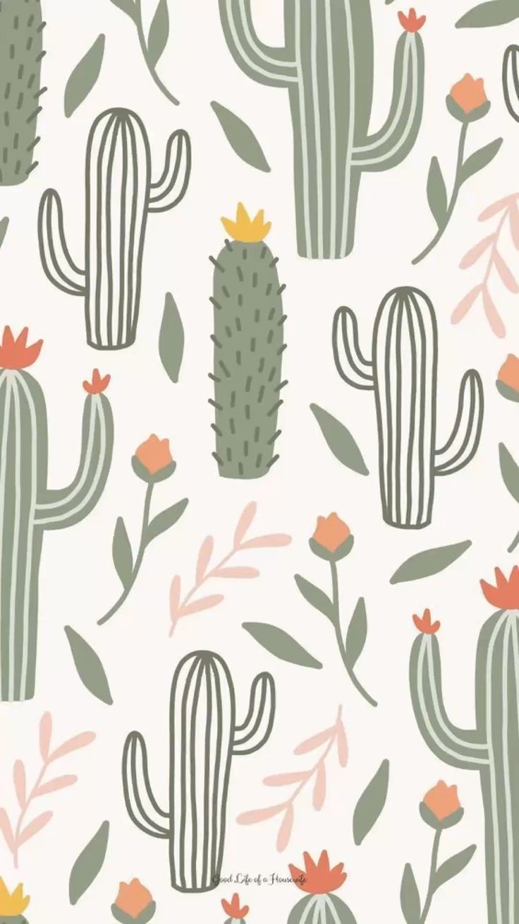 Wallpaper with Cactus and Flower Pattern