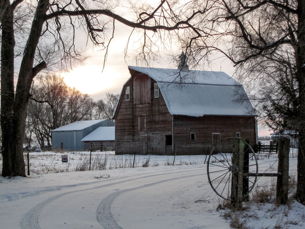 Winter Farm Decor, Snow, Old Barn