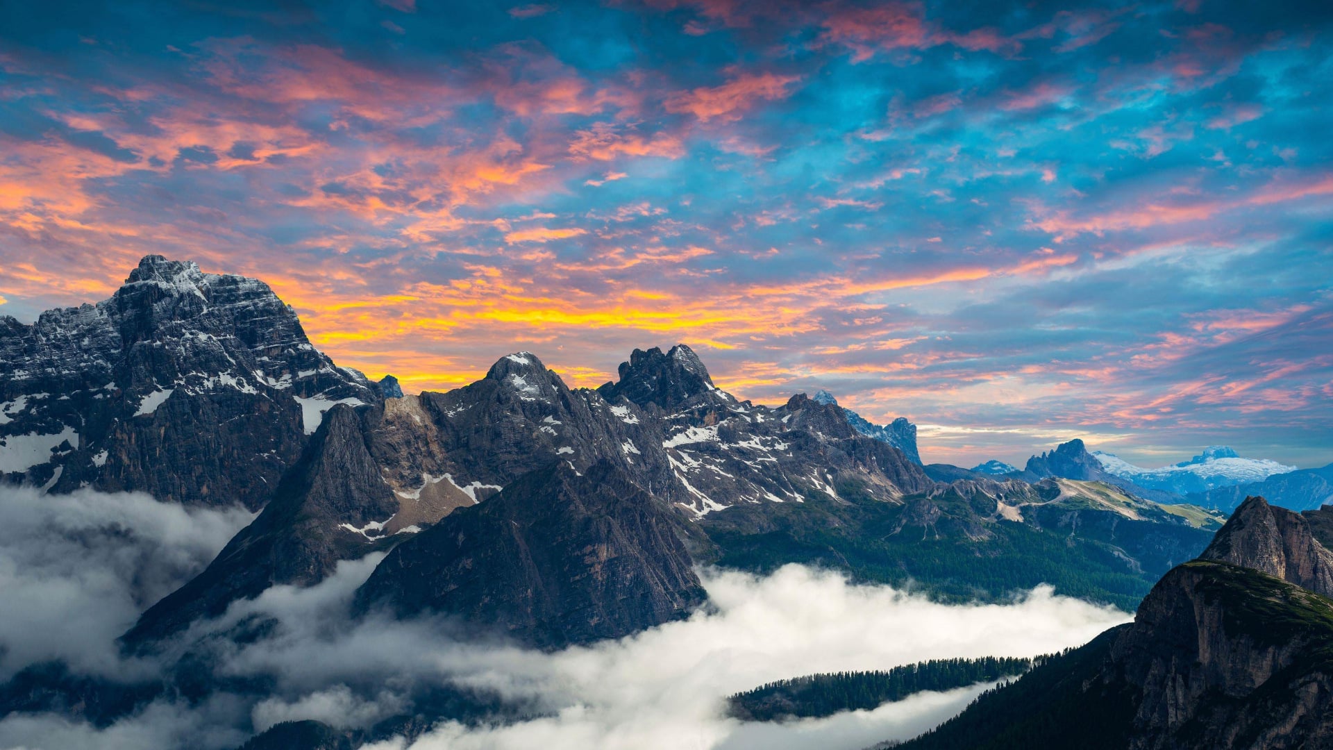 Italian mountains range and sunset
