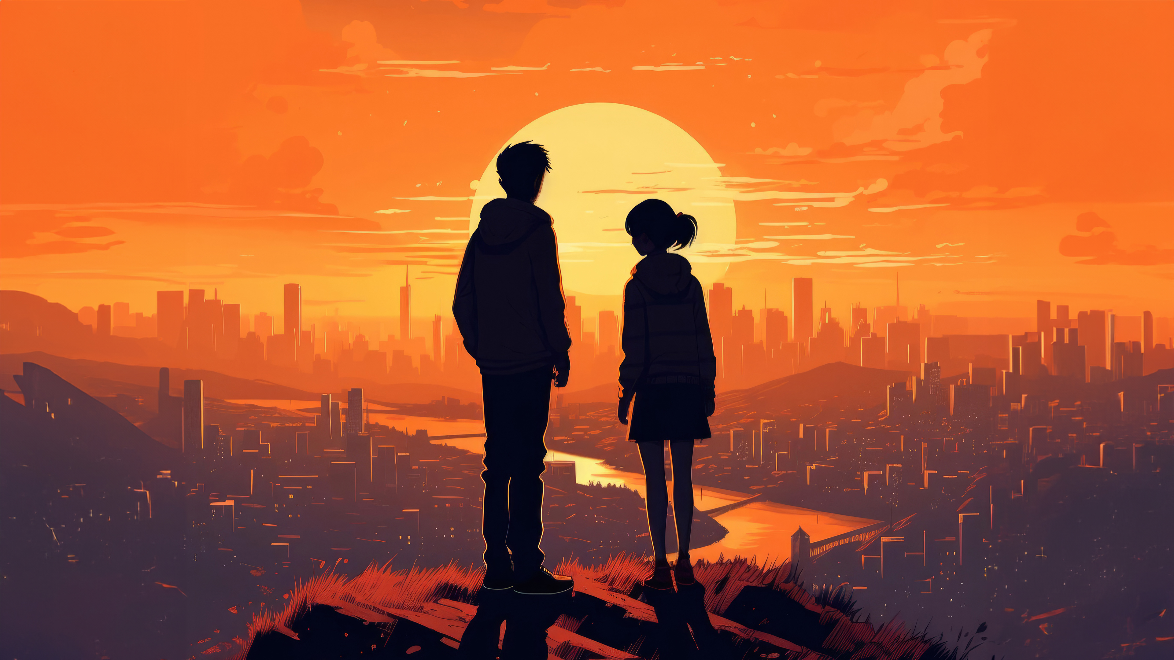 Anime Girl And Boy Watching Sunset 4k