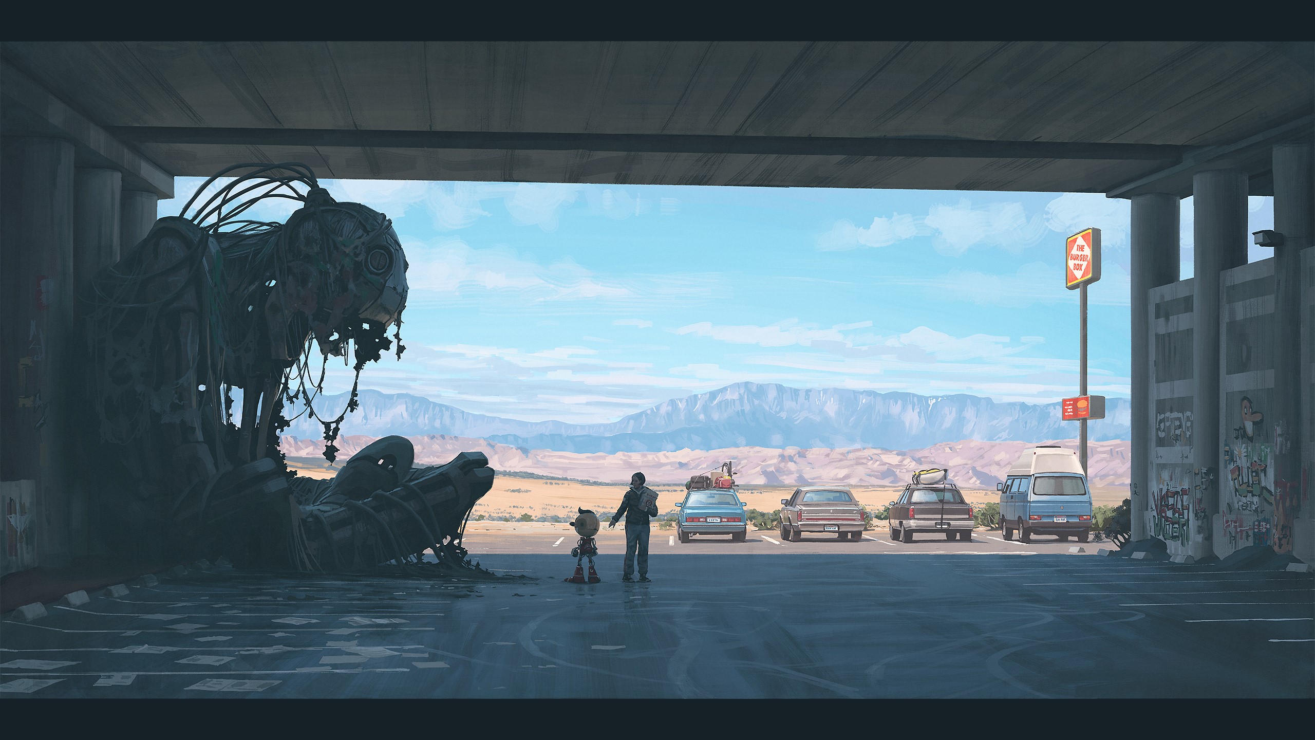 dystopian, father, desert, car, drawing