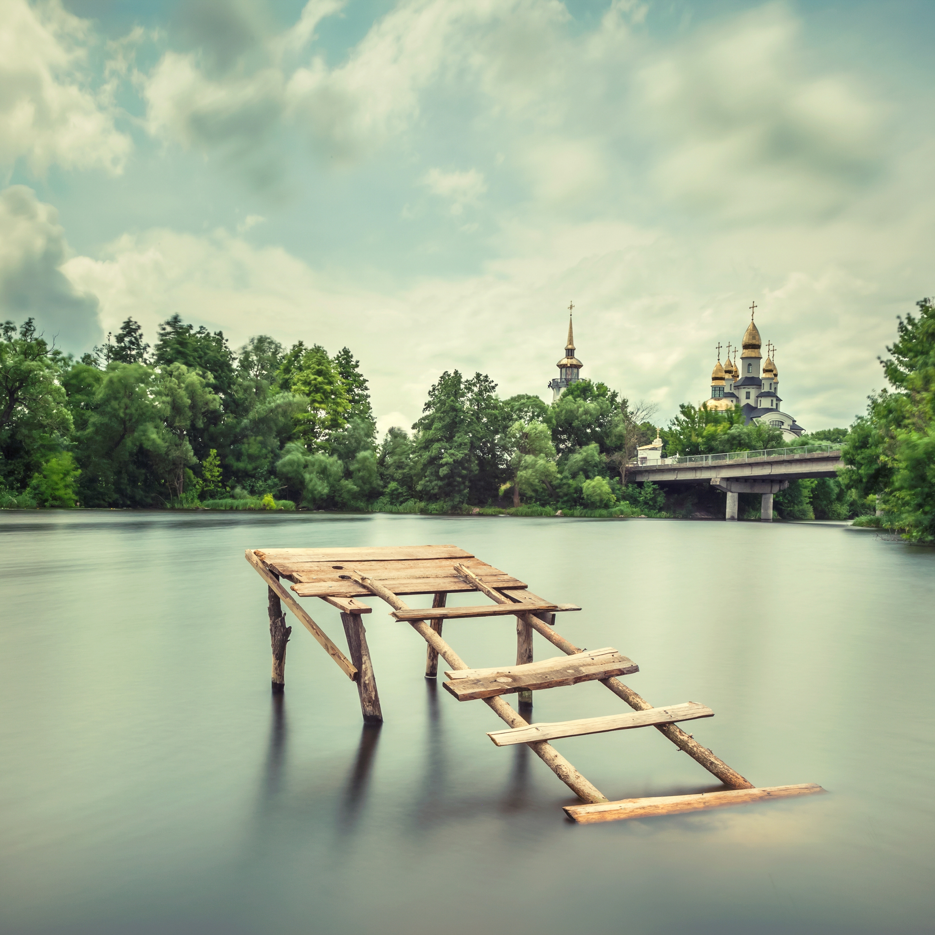 Minimalist Lake Trees Sky Clouds iPad