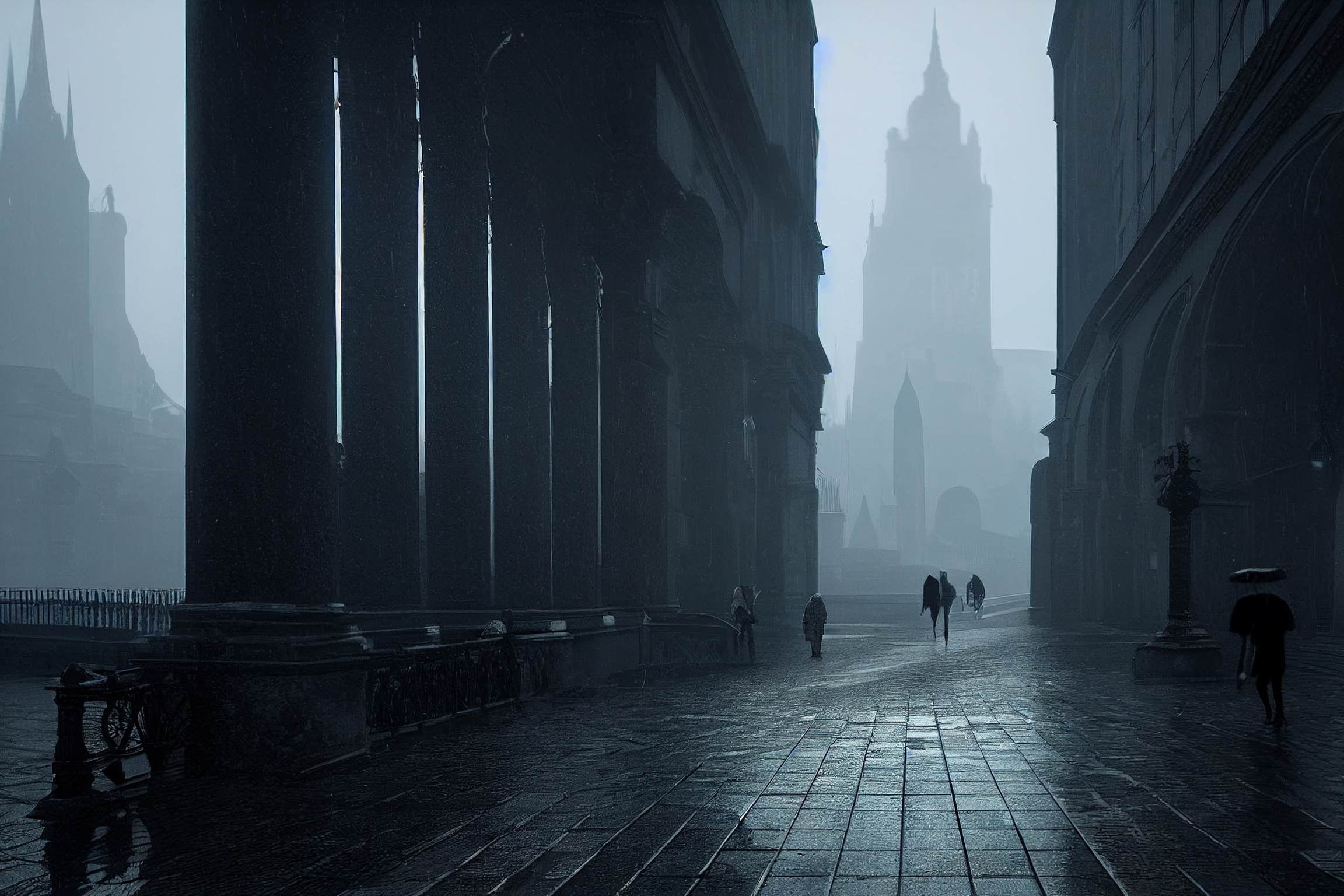 Gothic City Rain Monochrome Artwork