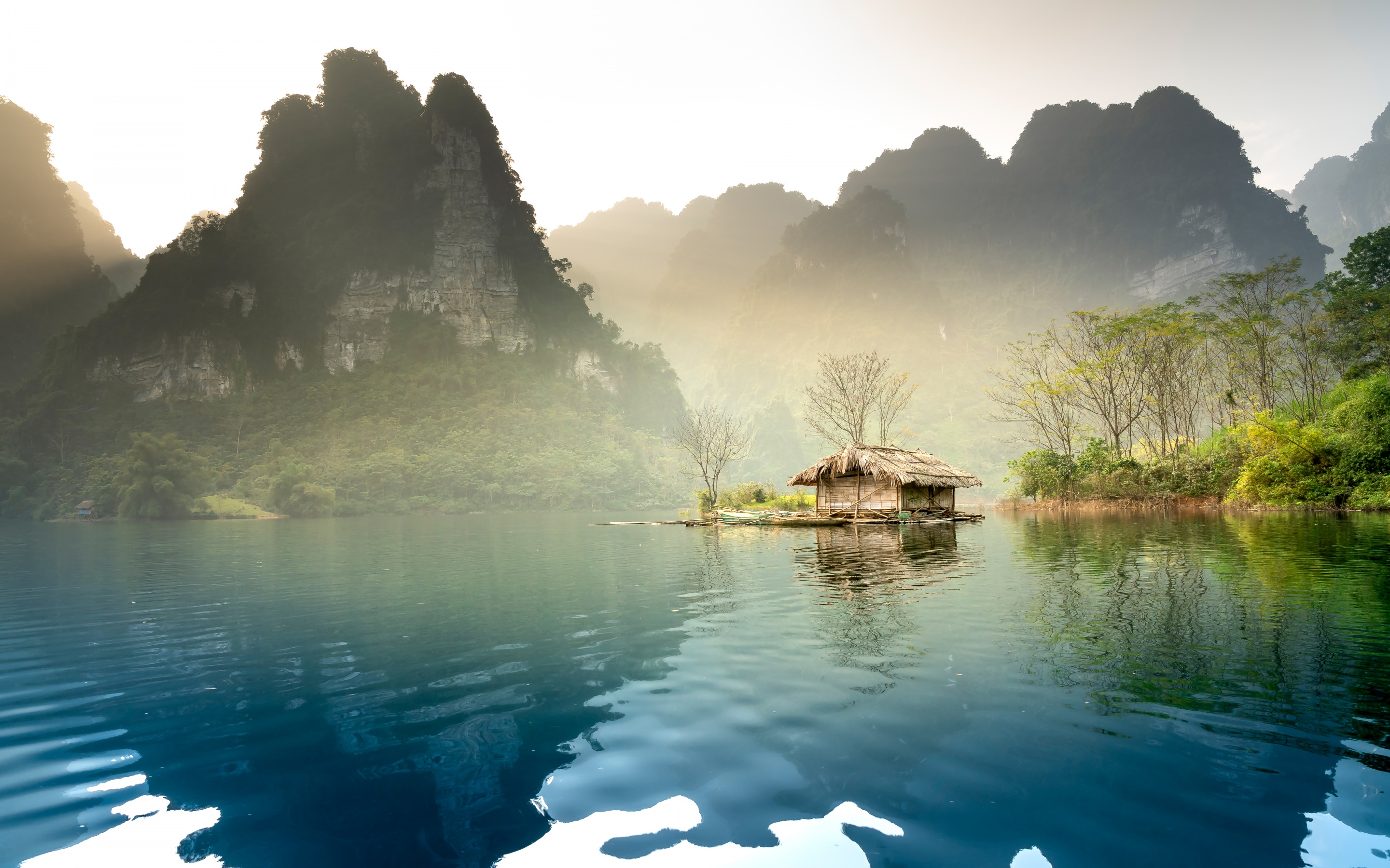 Scenery Wallpaper 4K, Body of Water, Hut, Summer, Lake