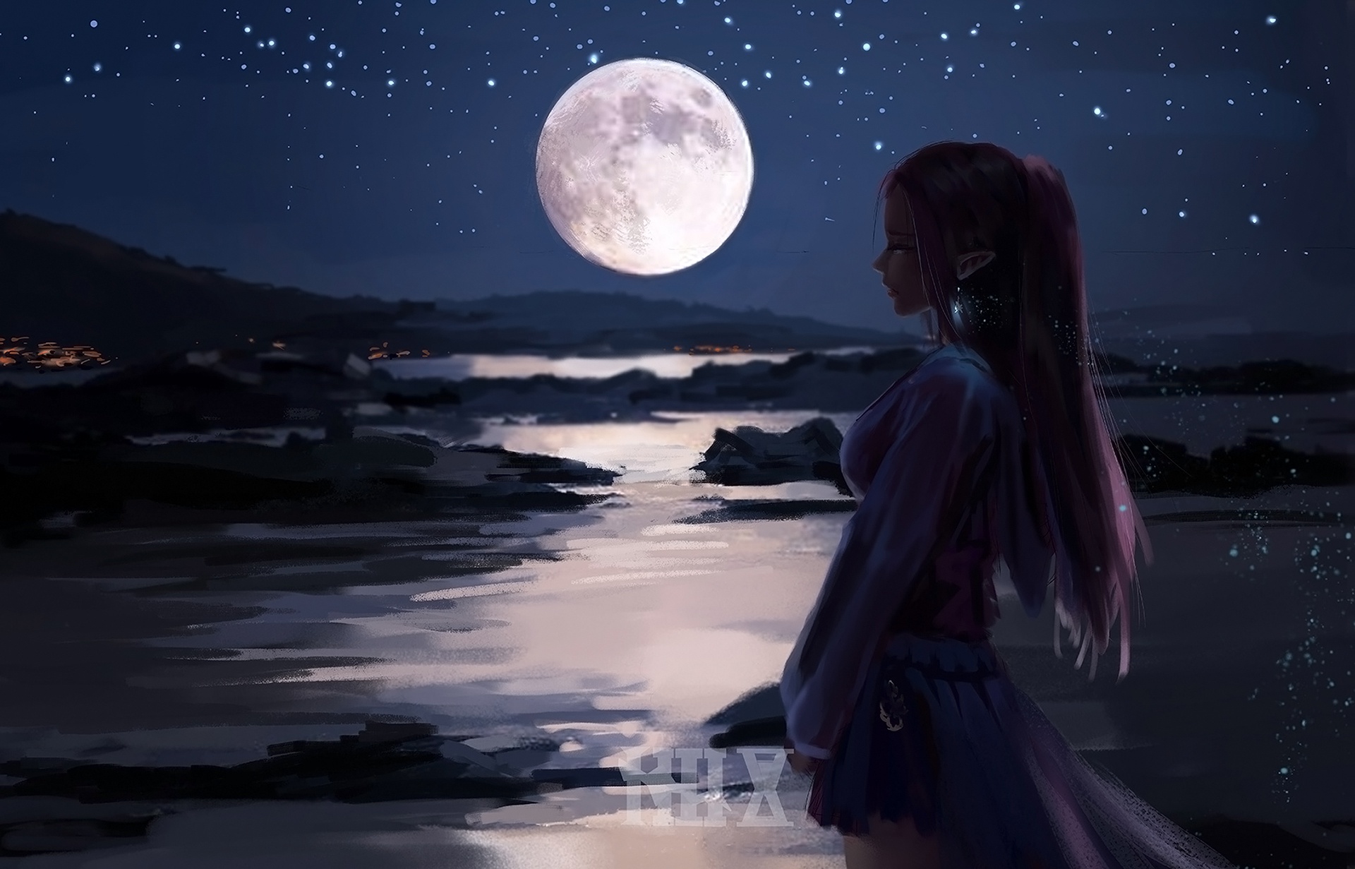 Wallpaper girl, night, the moon