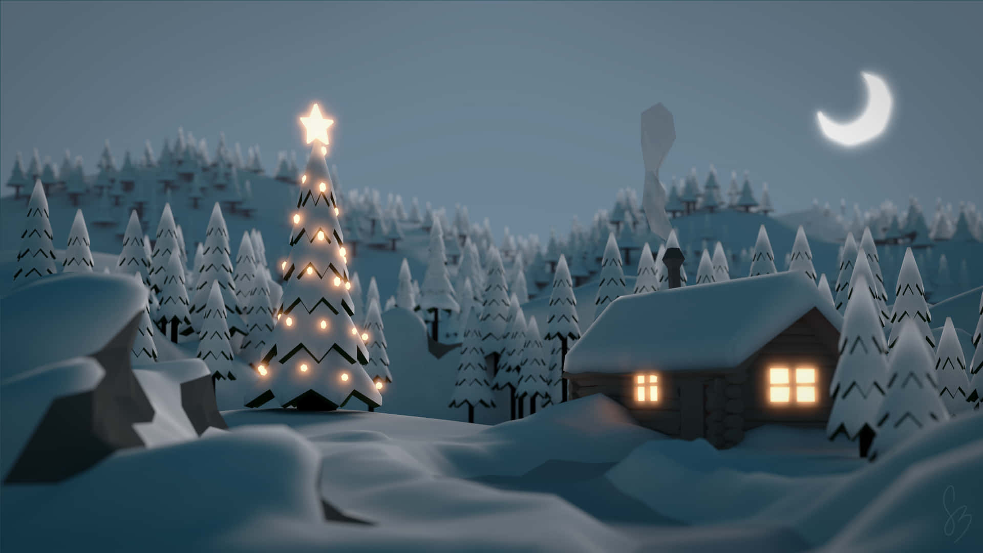 Download Cozy Christmas 3D Drawing Snowy Trees Wallpaper