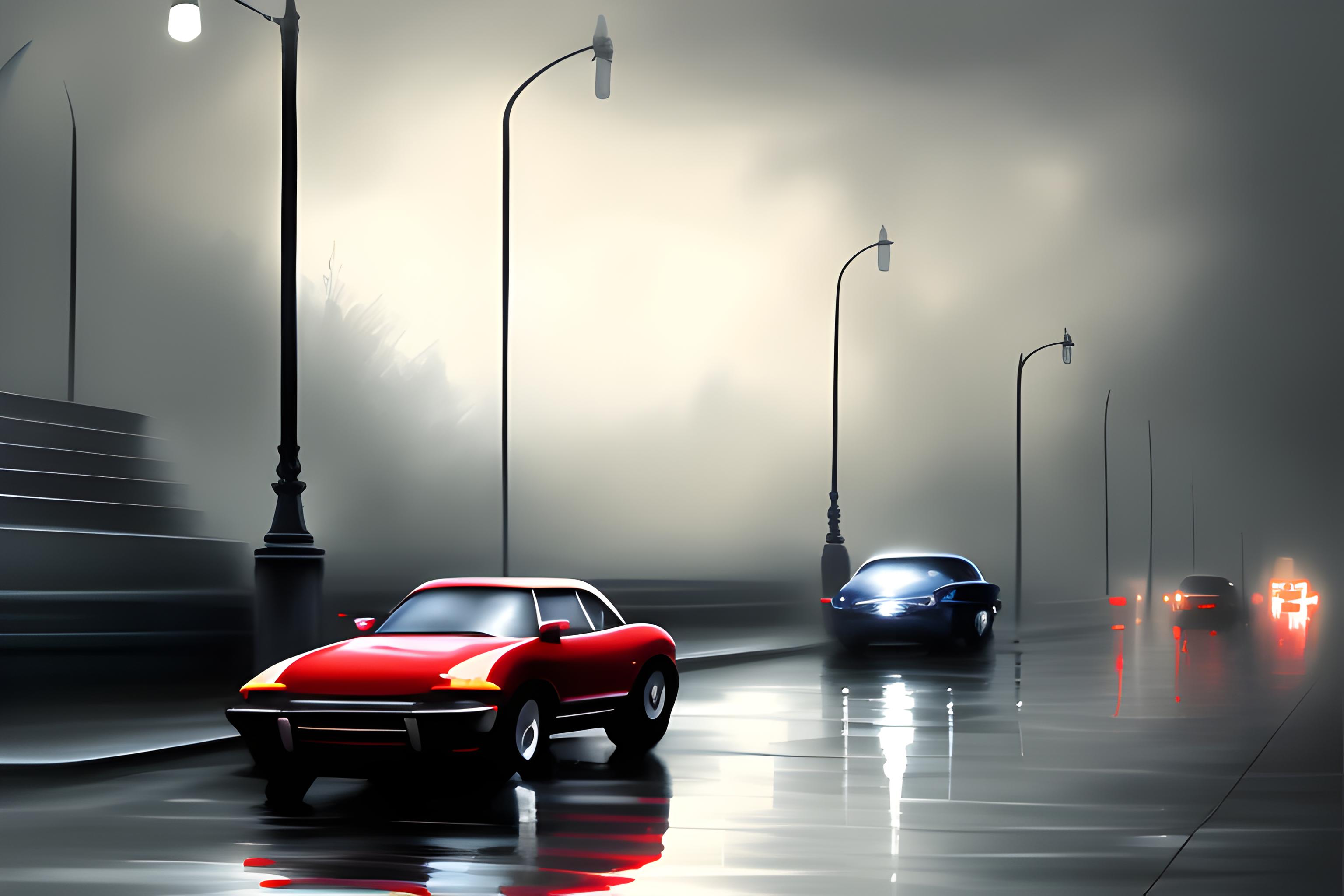 cars in the rain, oil painting, dark