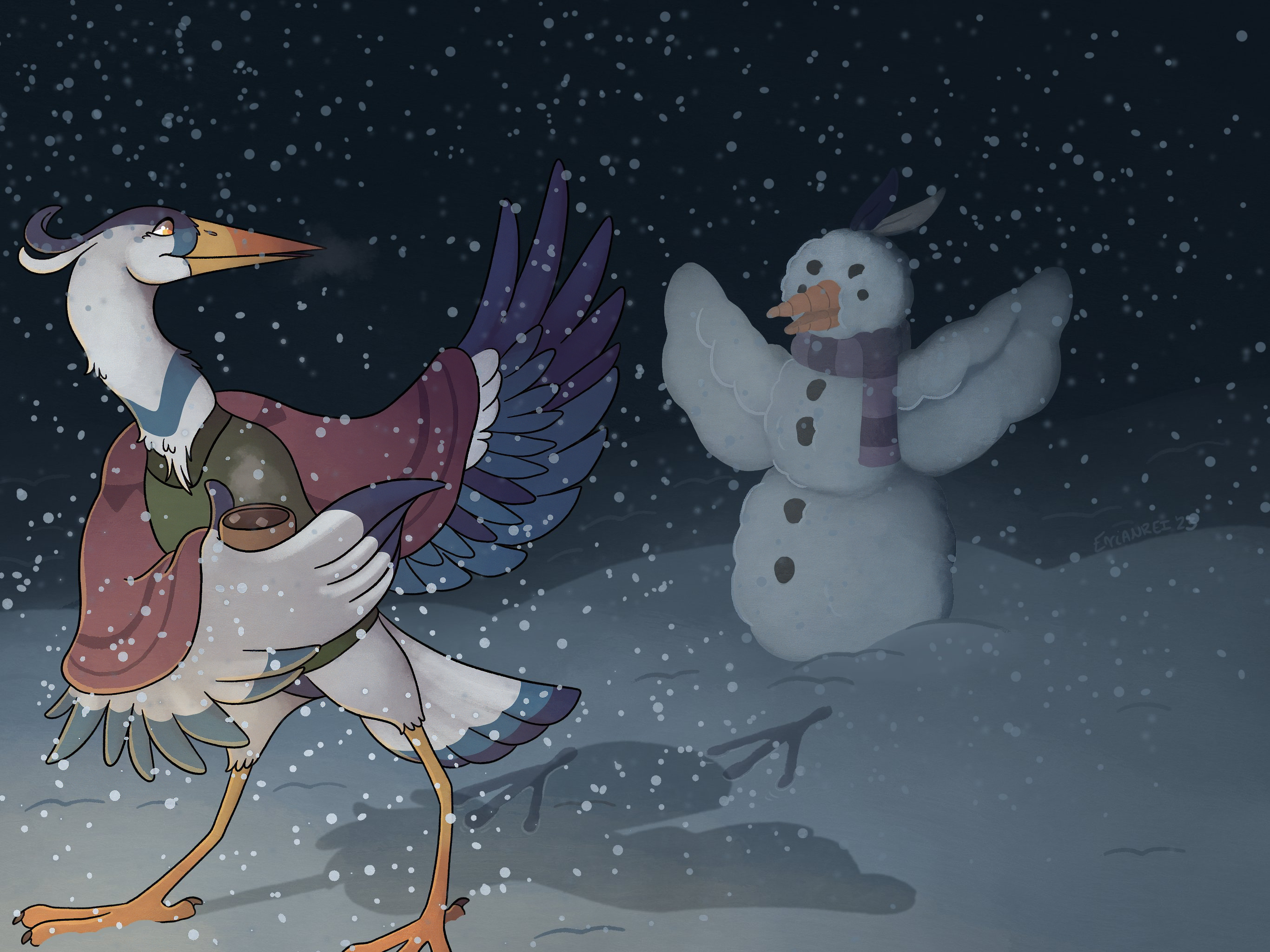 Heron and Snowman Winter Wallpaper HD