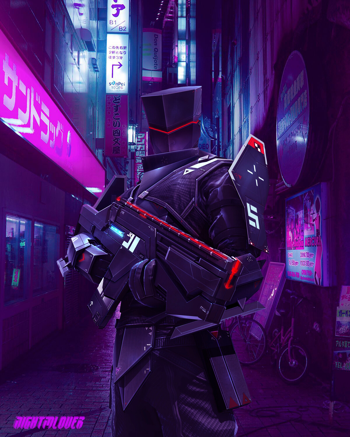 Cyber soldier in neon street